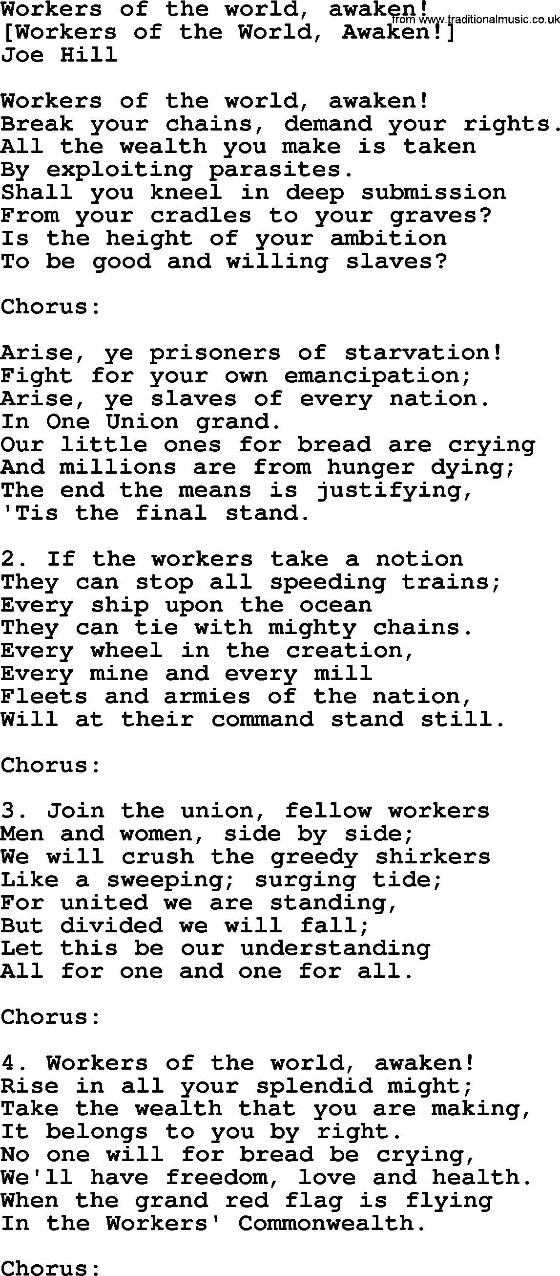 Old American Song: Workers Of The World, Awaken!, lyrics