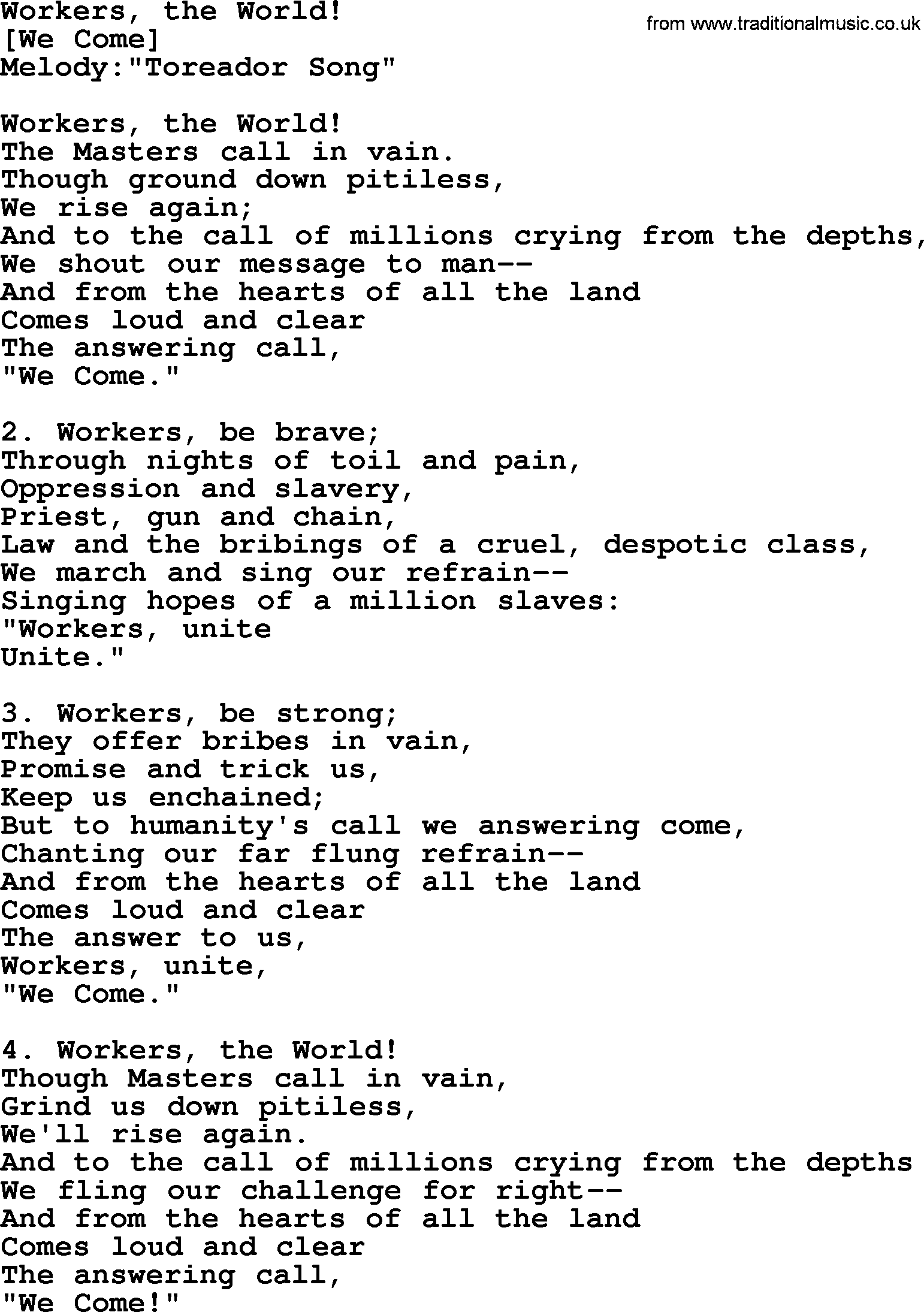 Old American Song: Workers, The World!, lyrics