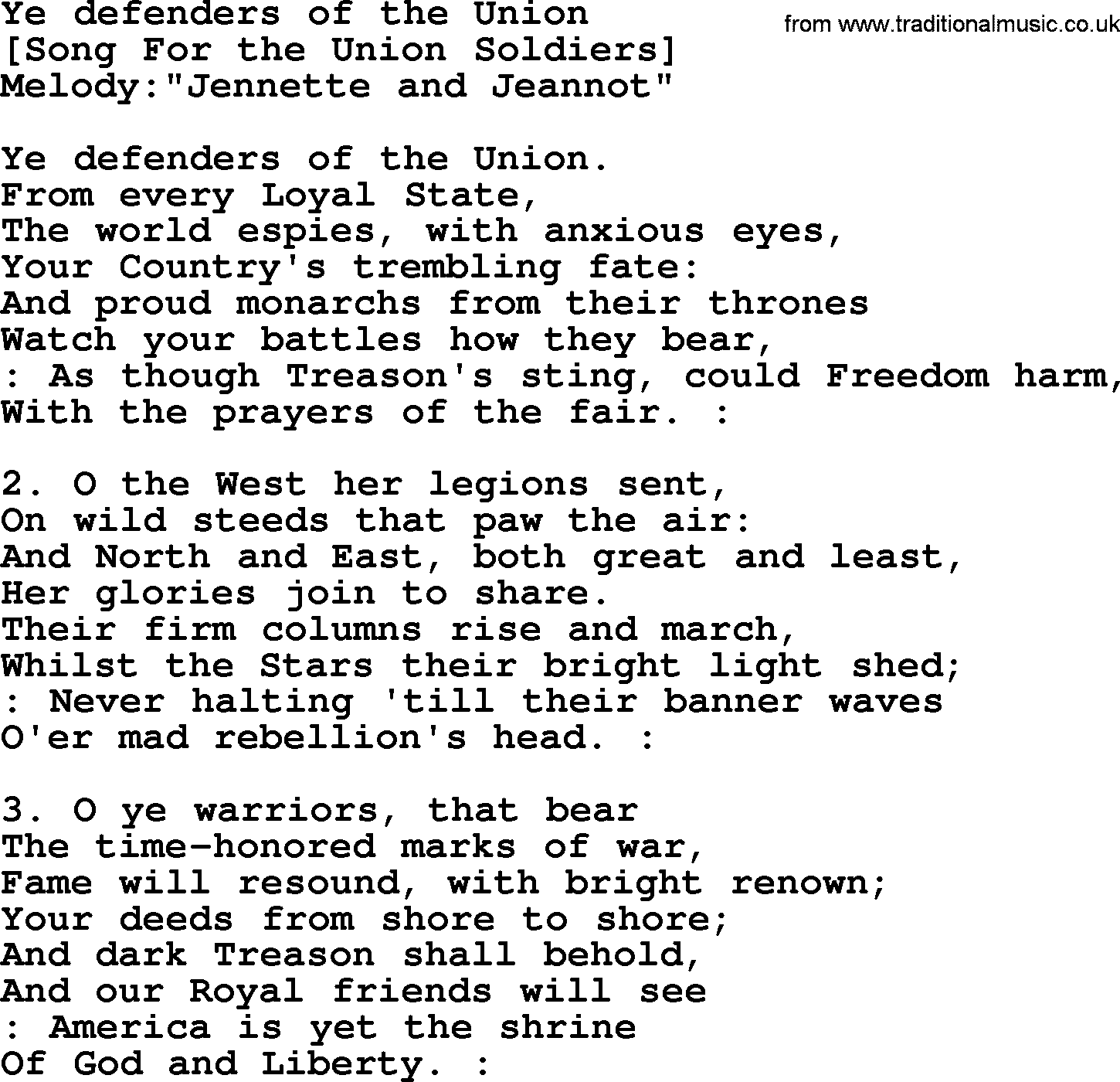 Old American Song: Ye Defenders Of The Union, lyrics