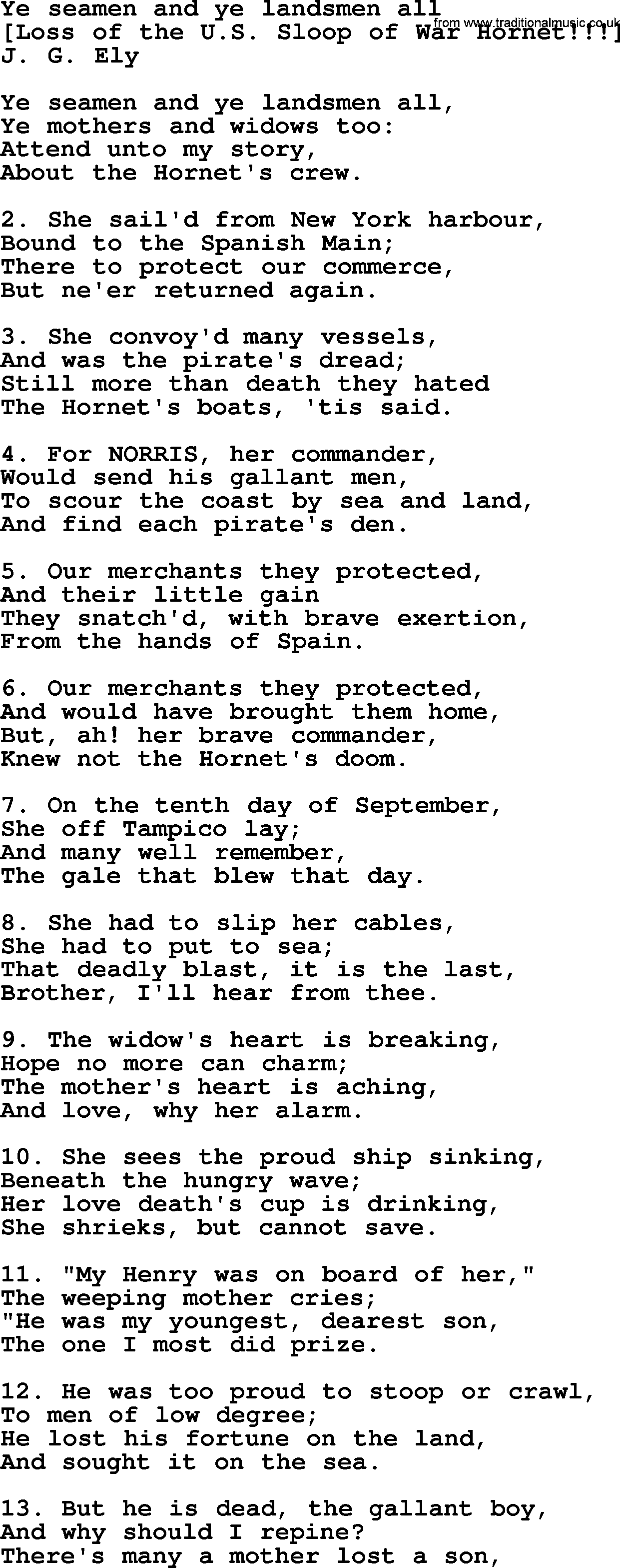 Old American Song: Ye Seamen And Ye Landsmen All, lyrics