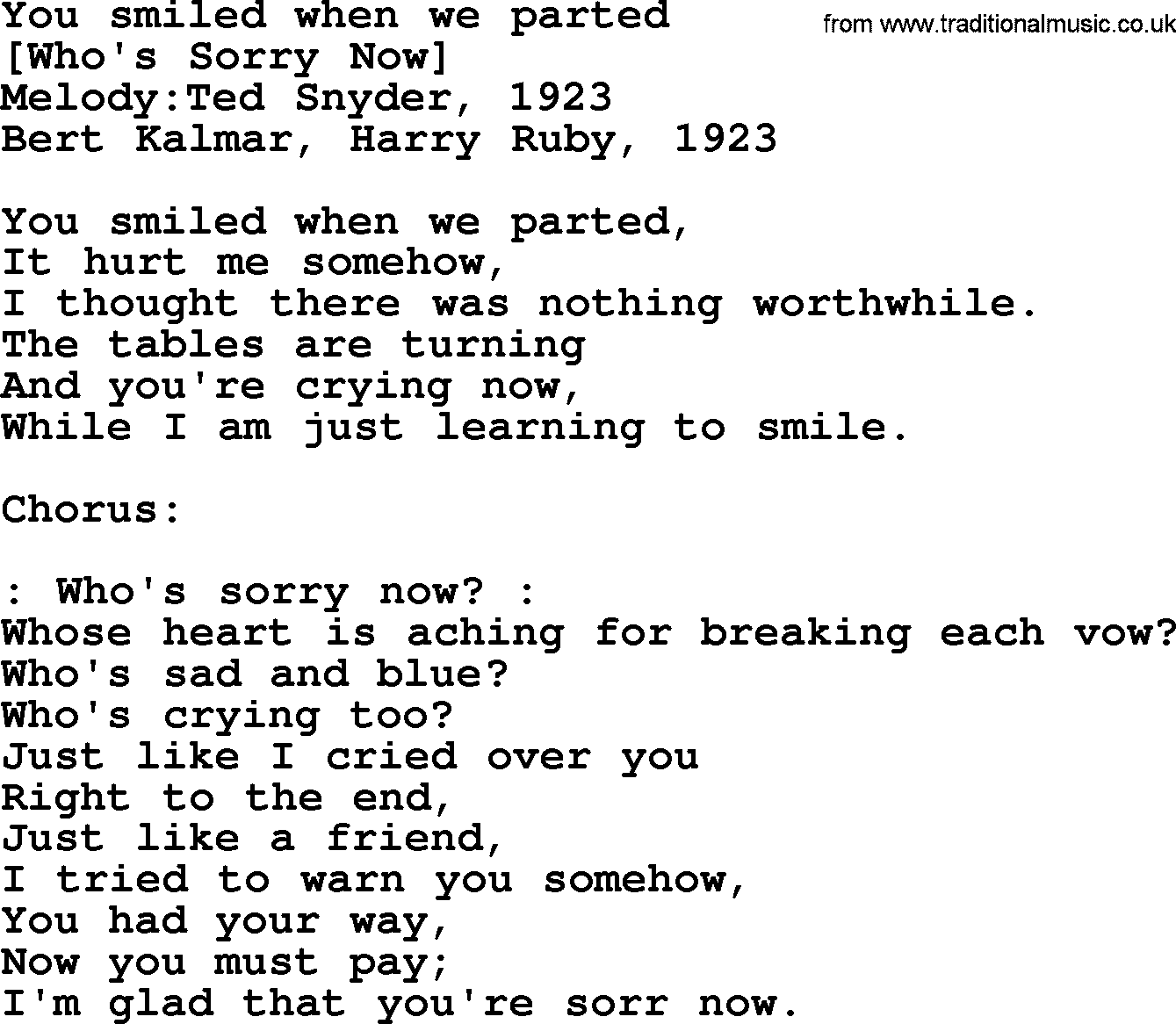 Old American Song: You Smiled When We Parted, lyrics