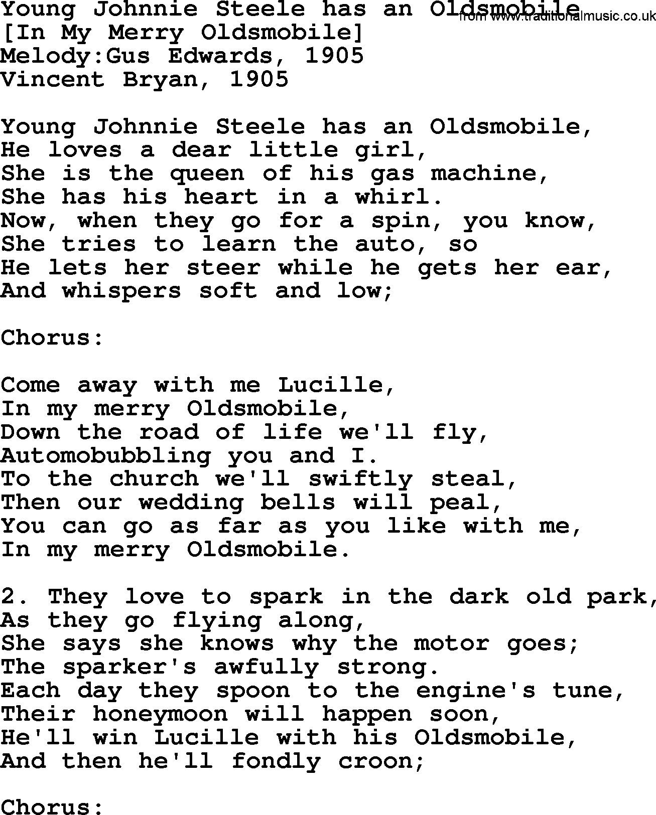 Old American Song: Young Johnnie Steele Has An Oldsmobile, lyrics