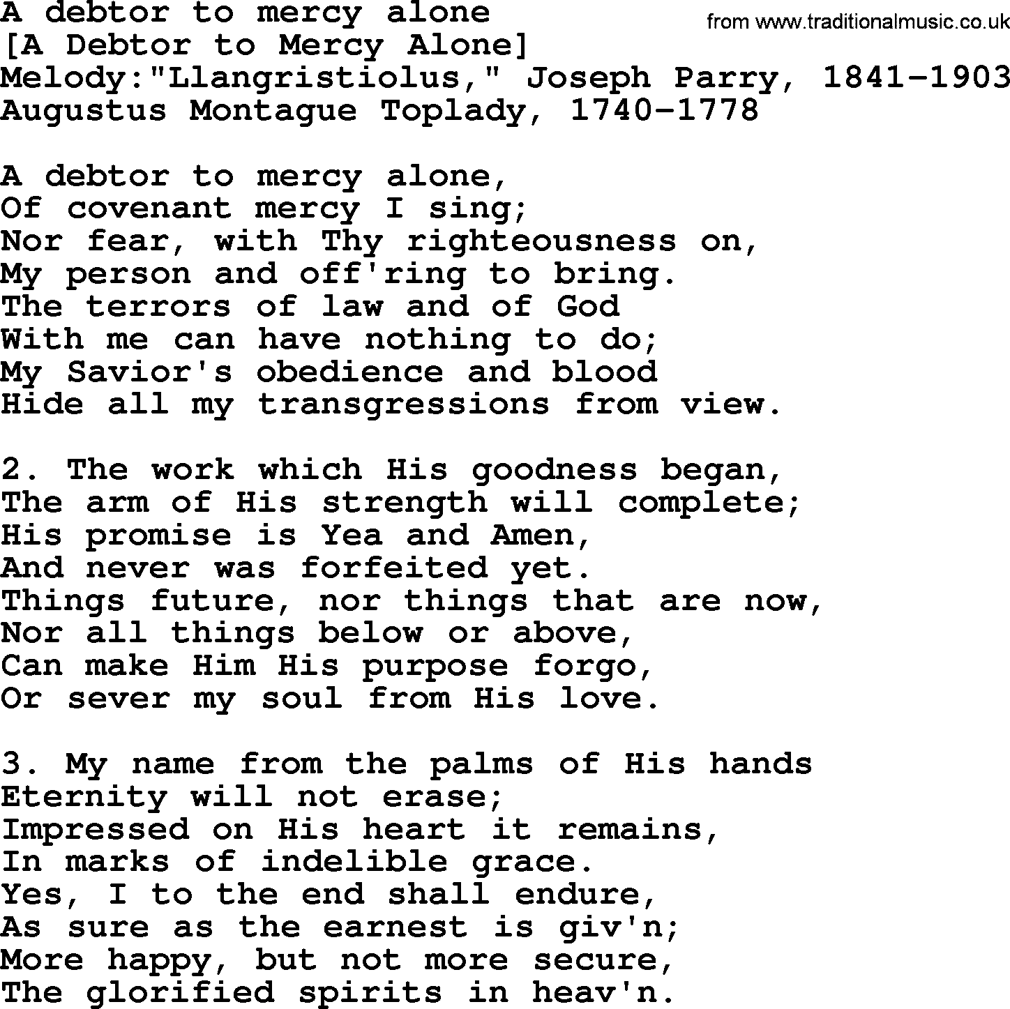 Old English Song: A Debtor To Mercy Alone lyrics