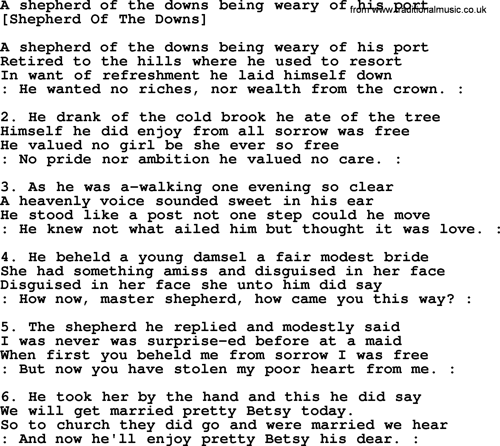 Old English Song: A Shepherd Of The Downs Being Weary Of His Port lyrics