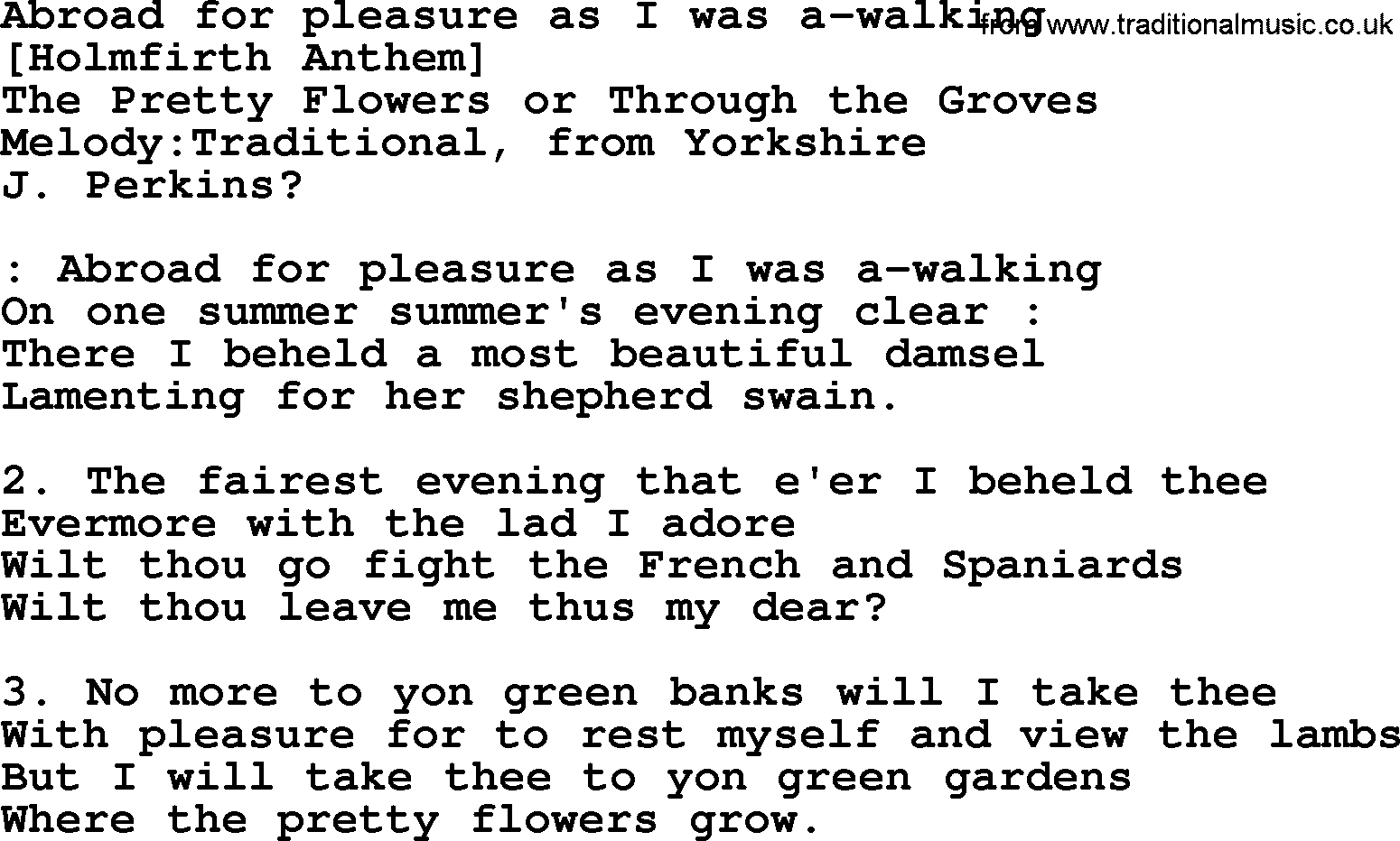 Old English Song: Abroad For Pleasure As I Was A-Walking lyrics