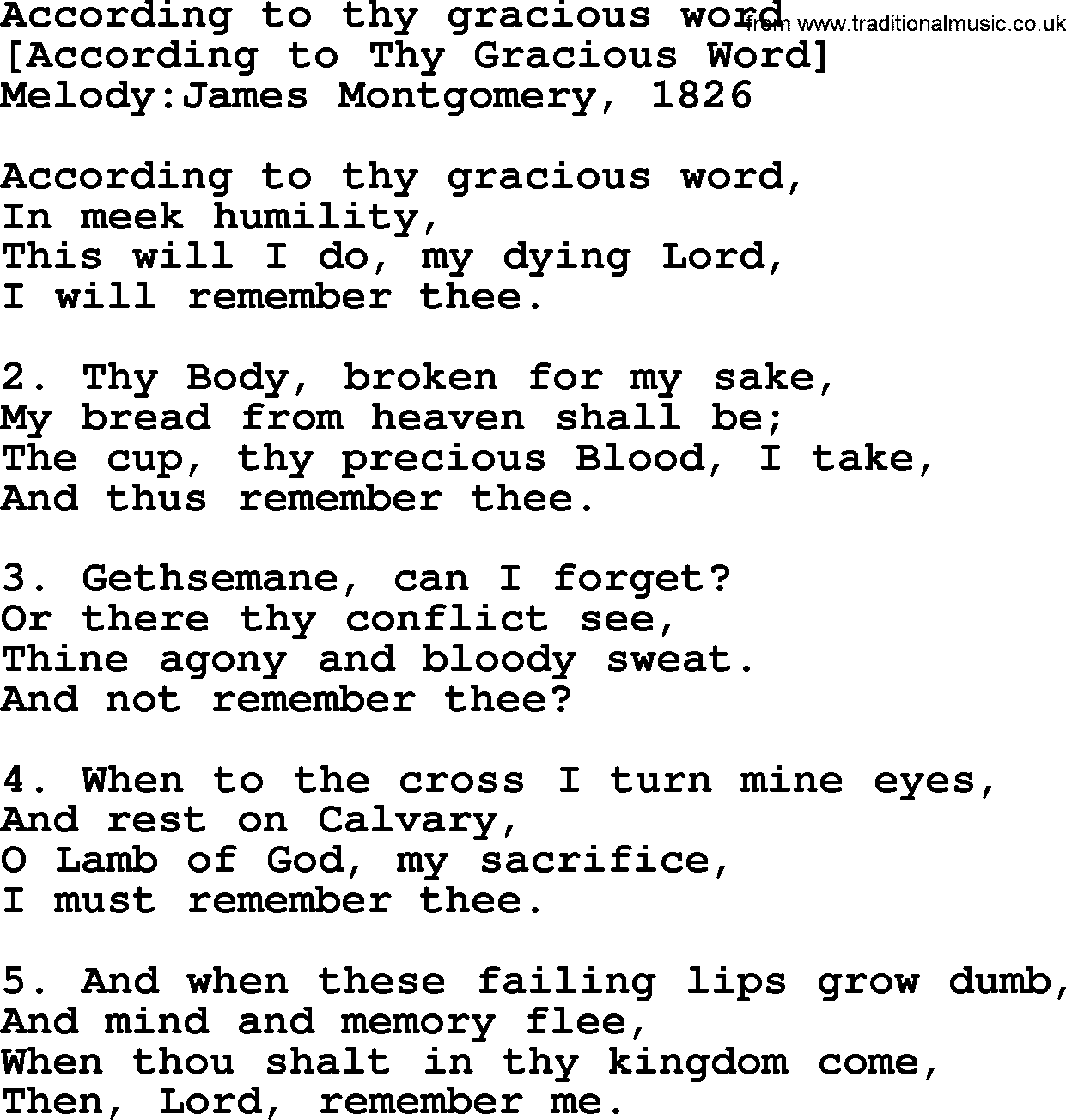 Old English Song: According To Thy Gracious Word lyrics