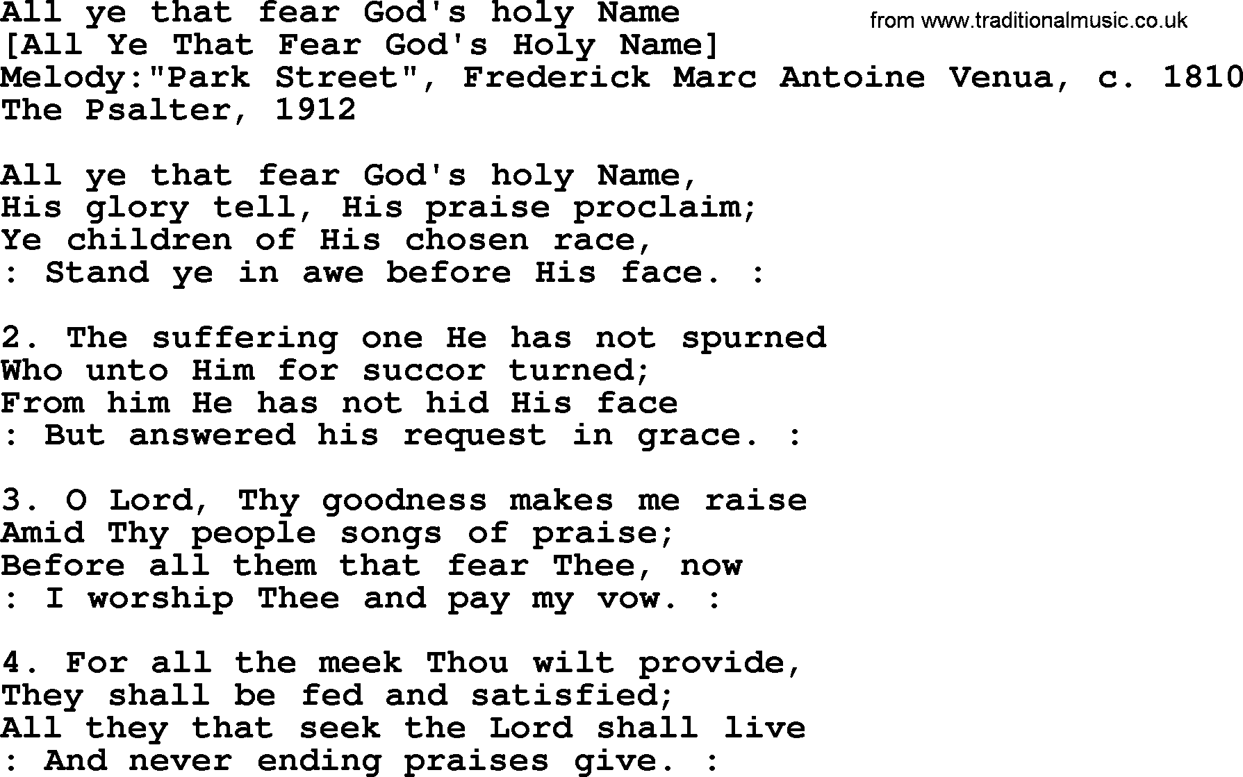 Old English Song: All Ye That Fear God's Holy Name lyrics