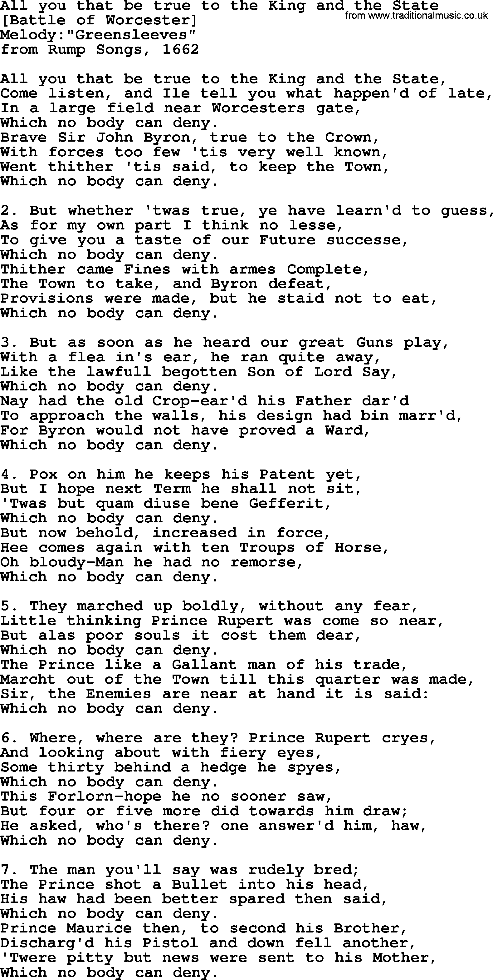 Old English Song: All You That Be True To The King And The State lyrics