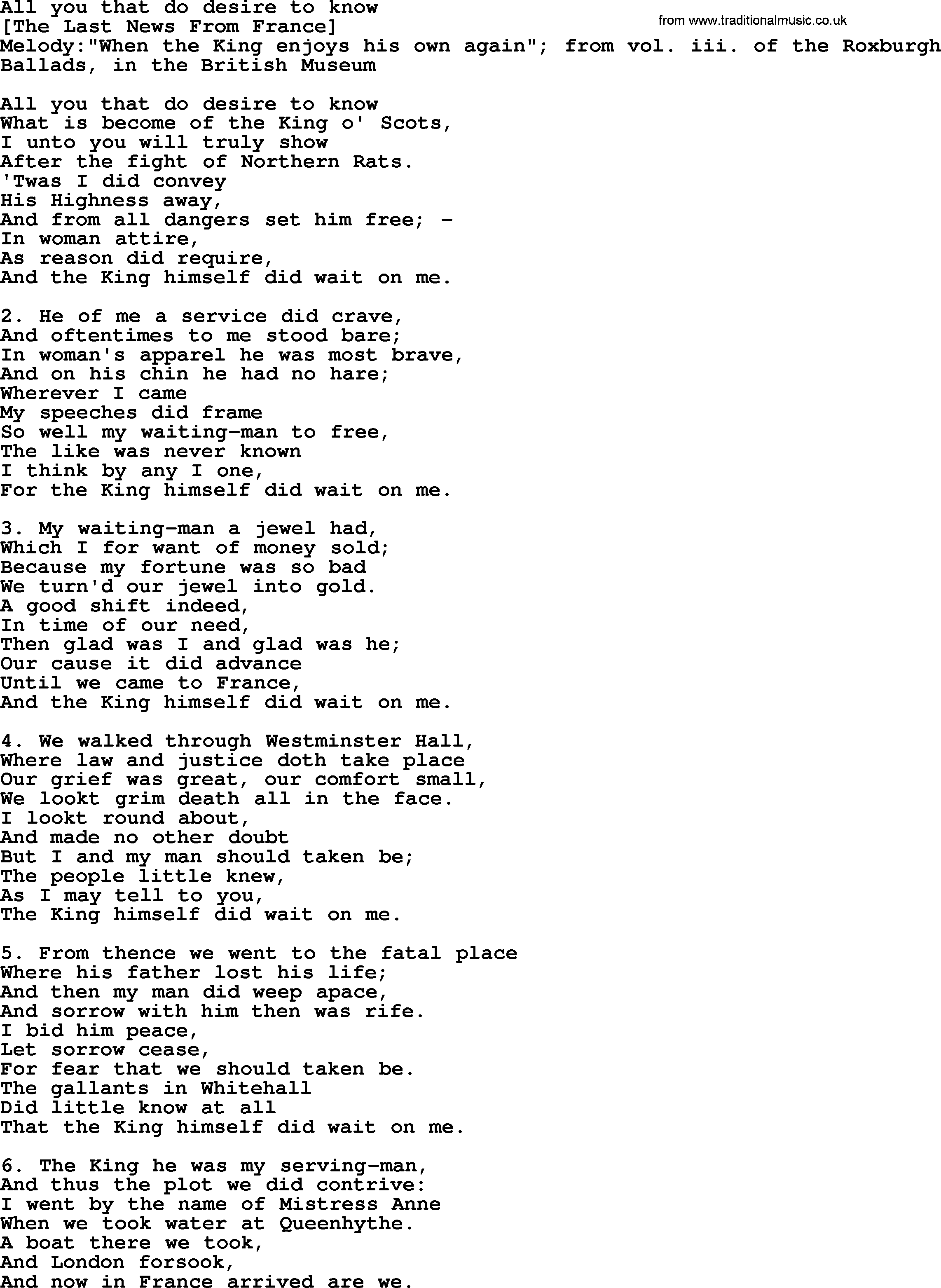 Old English Song: All You That Do Desire To Know lyrics