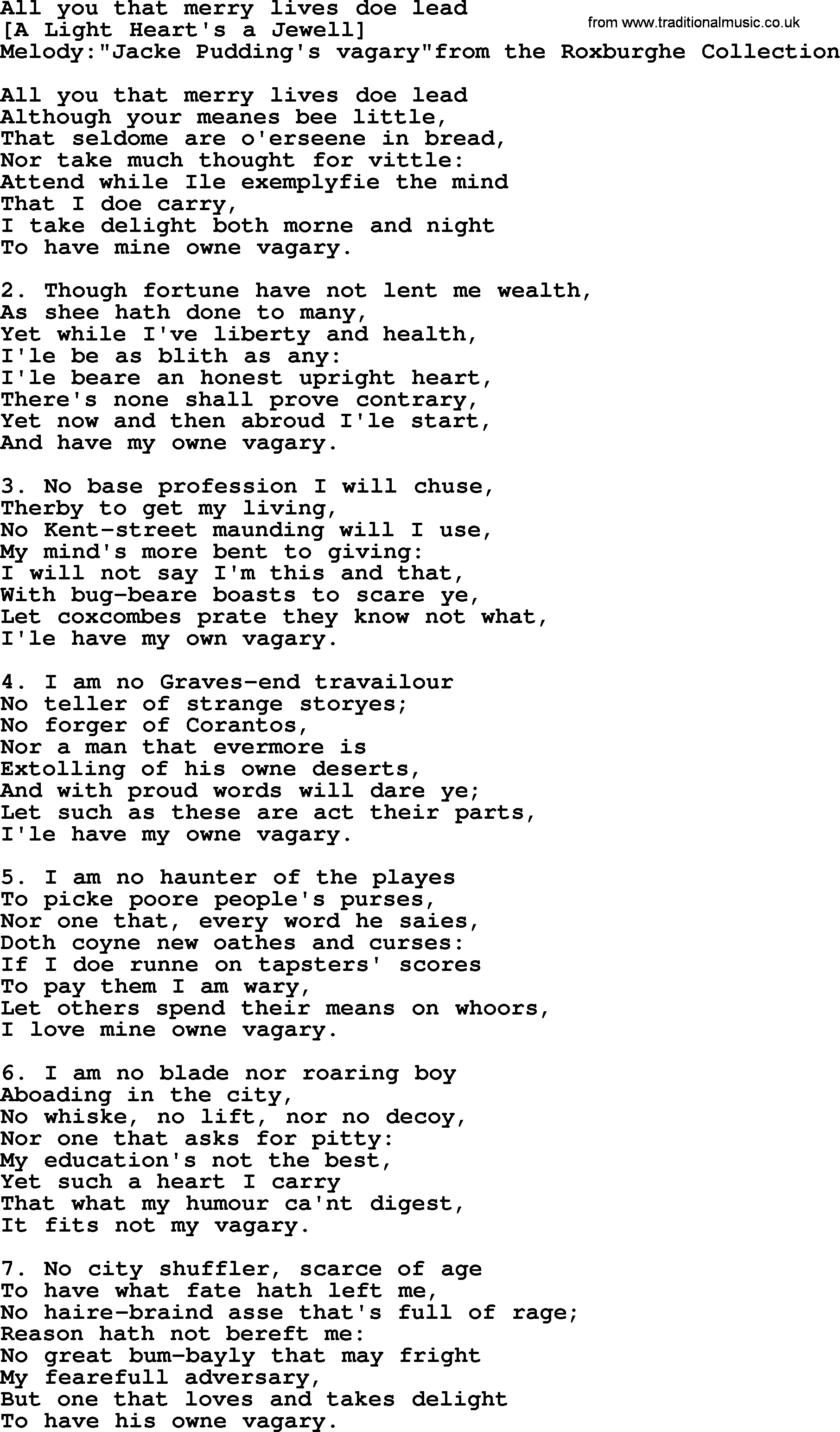 Old English Song: All You That Merry Lives Doe Lead lyrics