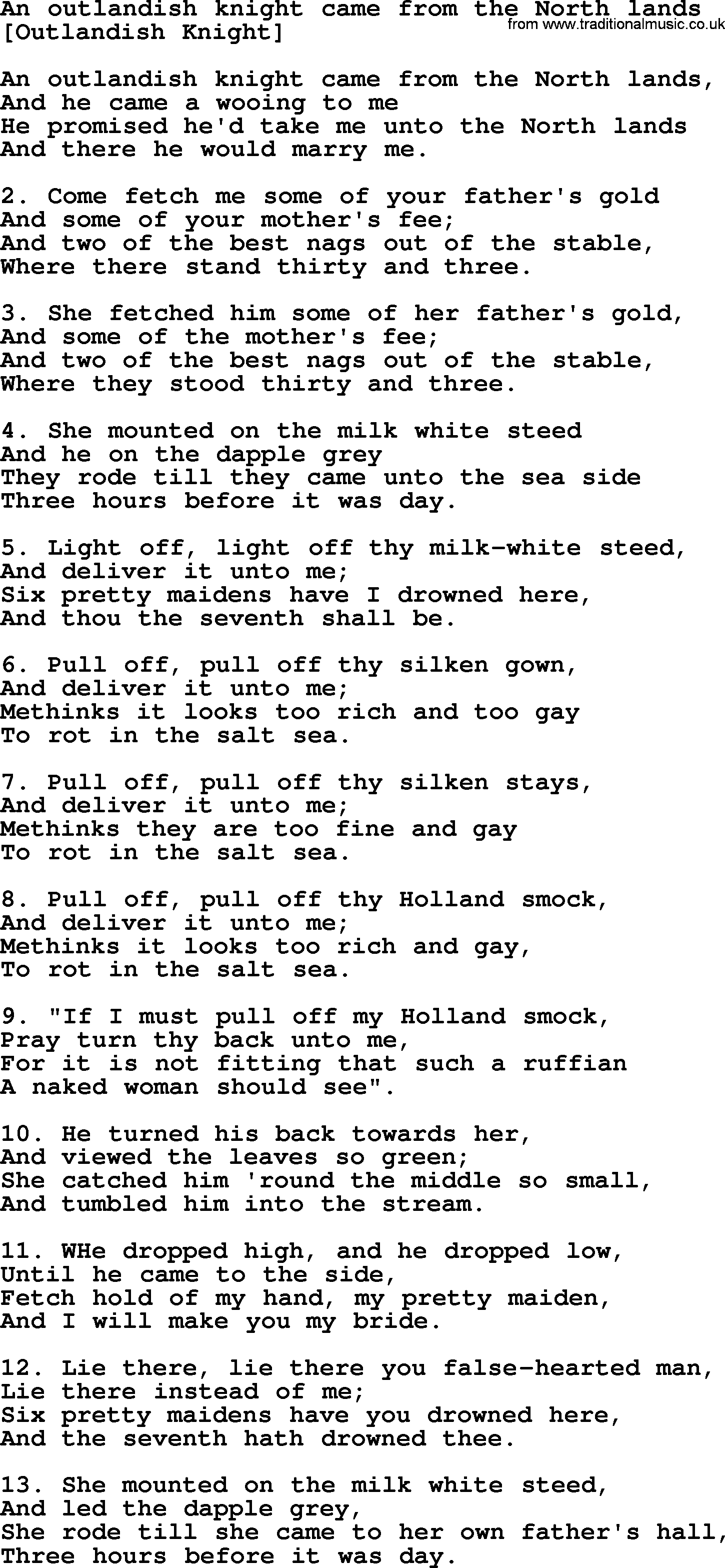 Old English Song: An Outlandish Knight Came From The North Lands lyrics