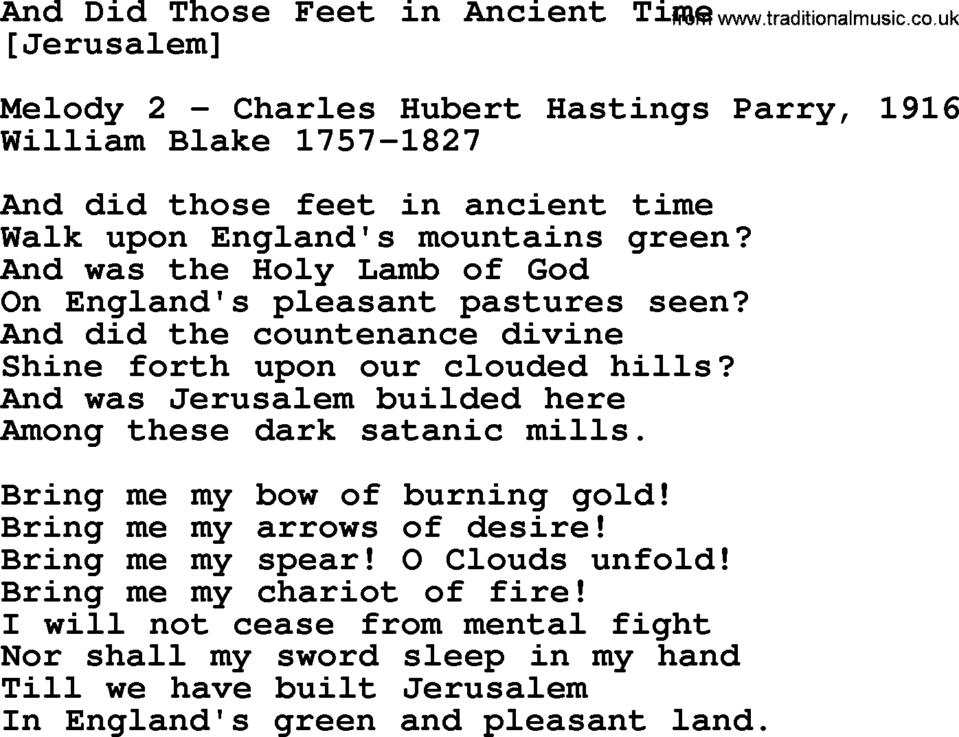 Old English Song: And Did Those Feet In Ancient Time lyrics