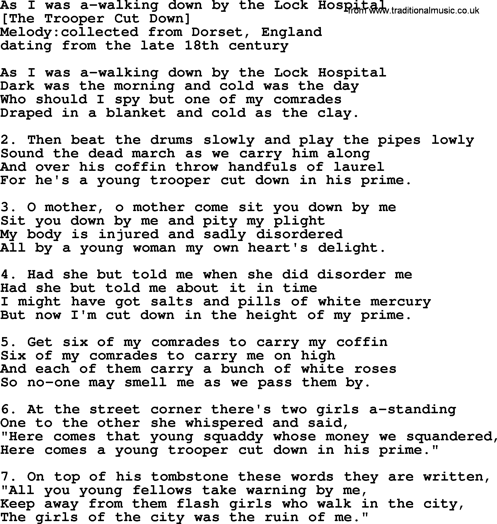Old English Song: As I Was A-Walking Down By The Lock Hospital lyrics