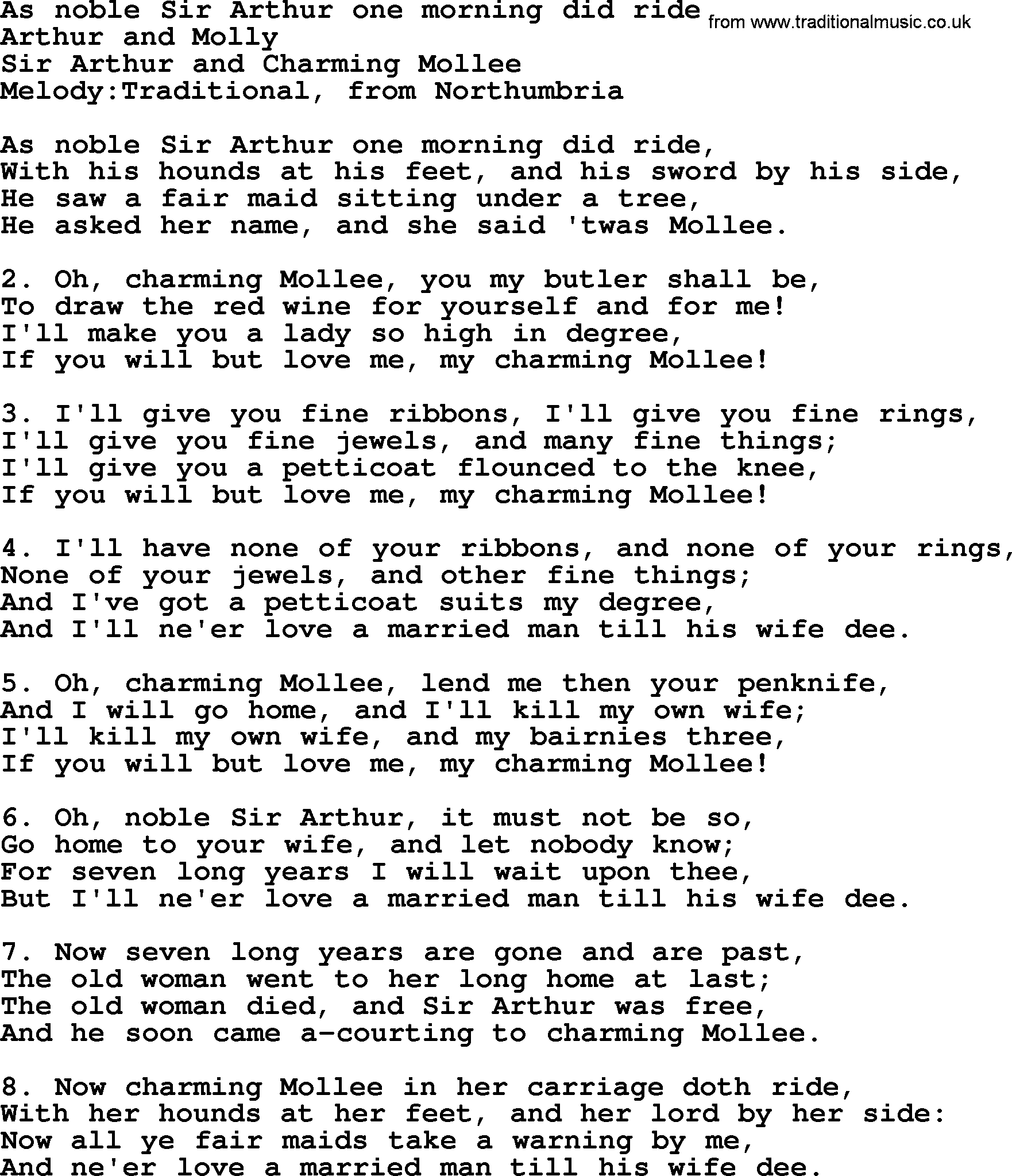Old English Song: As Noble Sir Arthur One Morning Did Ride lyrics