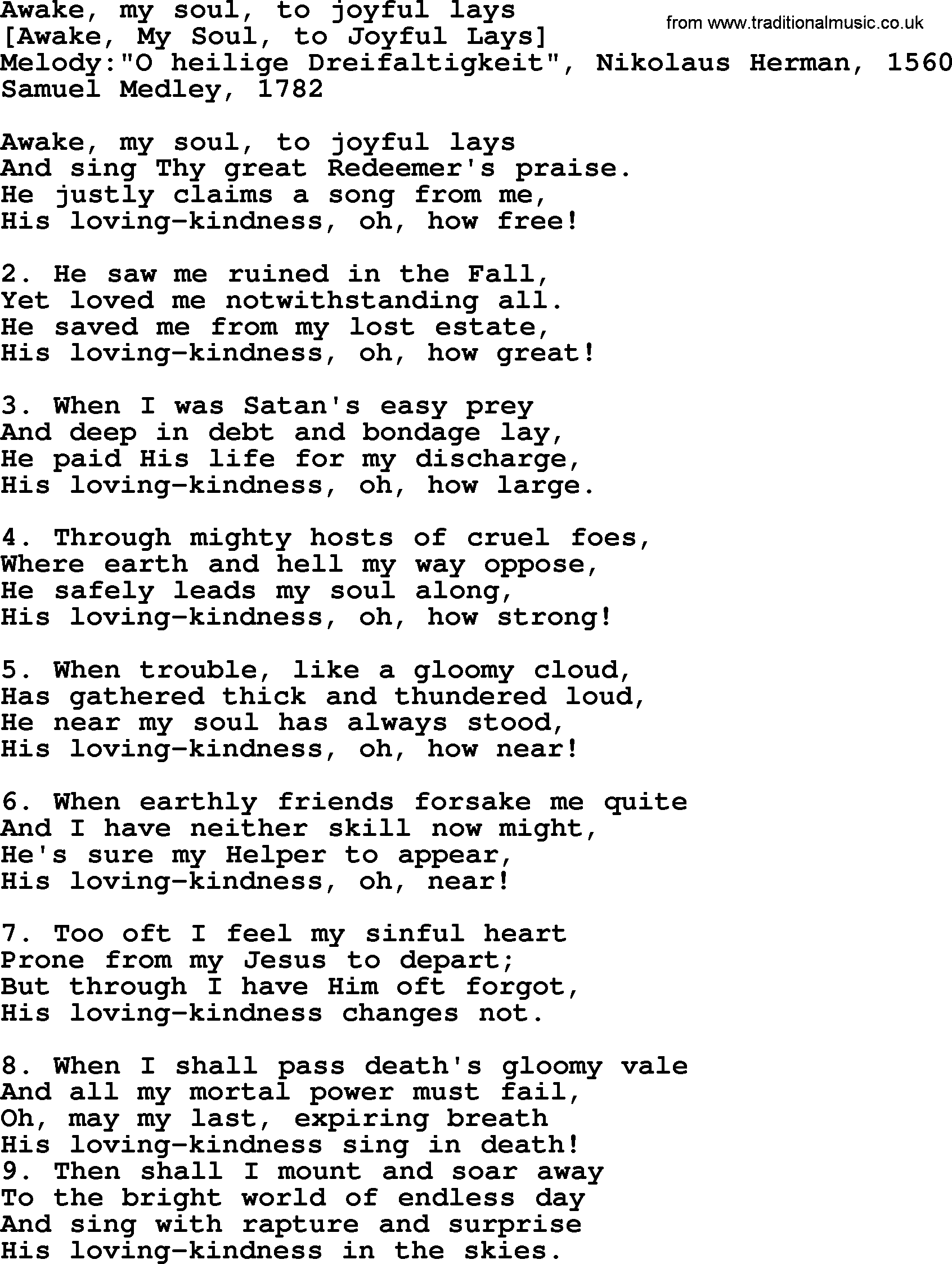 Old English Song: Awake, My Soul, To Joyful Lays lyrics