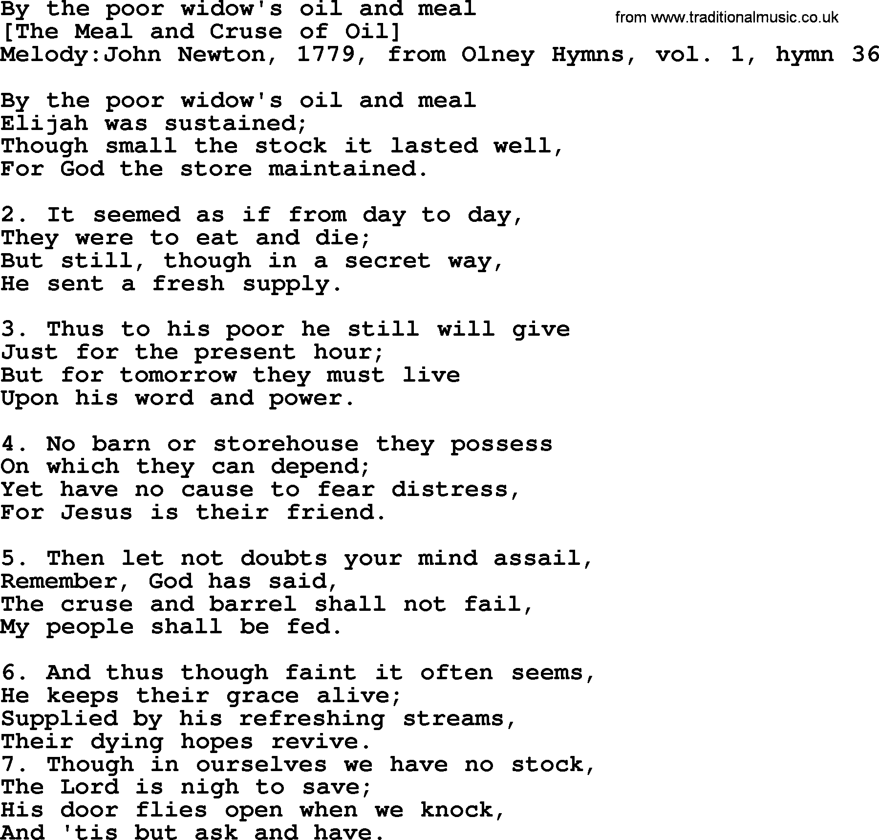 Old English Song: By The Poor Widow's Oil And Meal lyrics