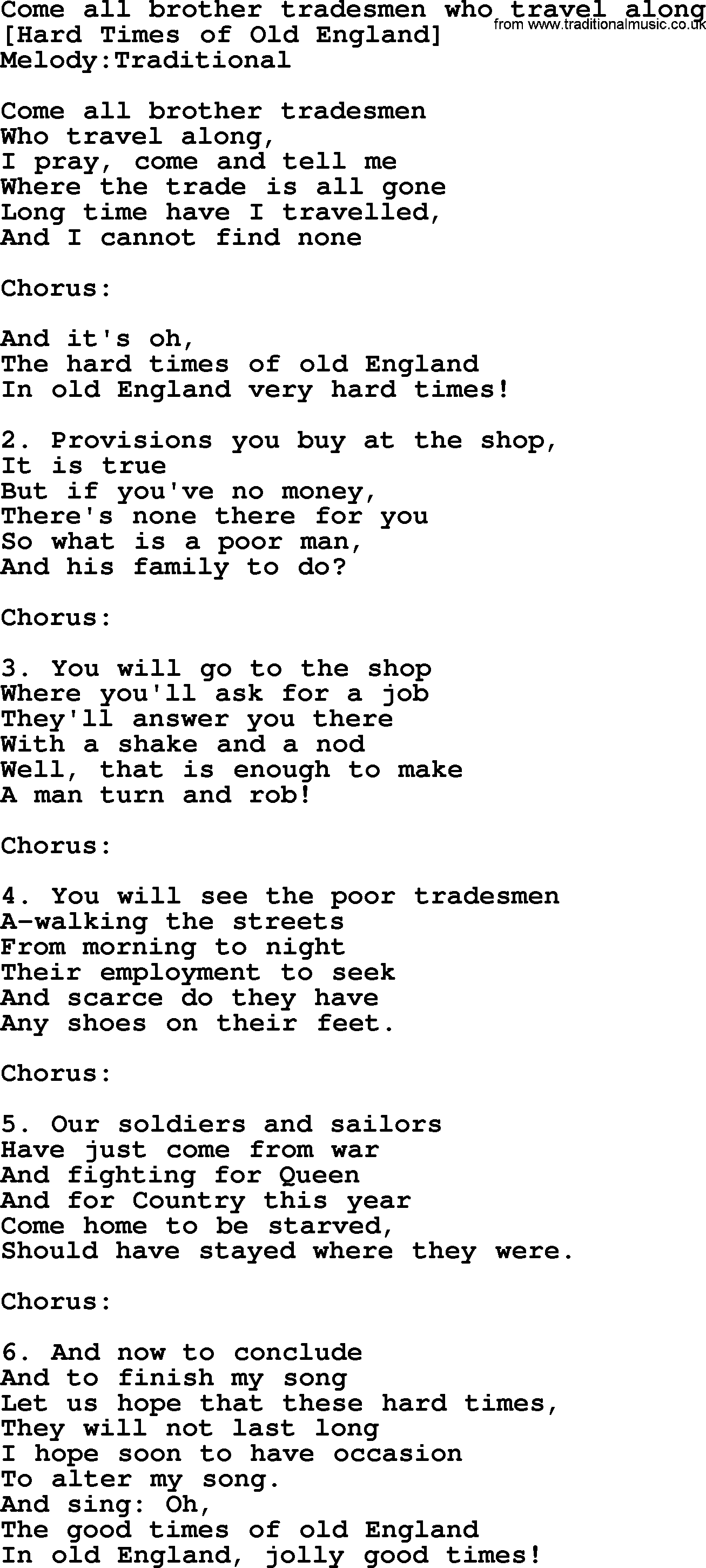 Old English Song: Come All Brother Tradesmen Who Travel Along lyrics