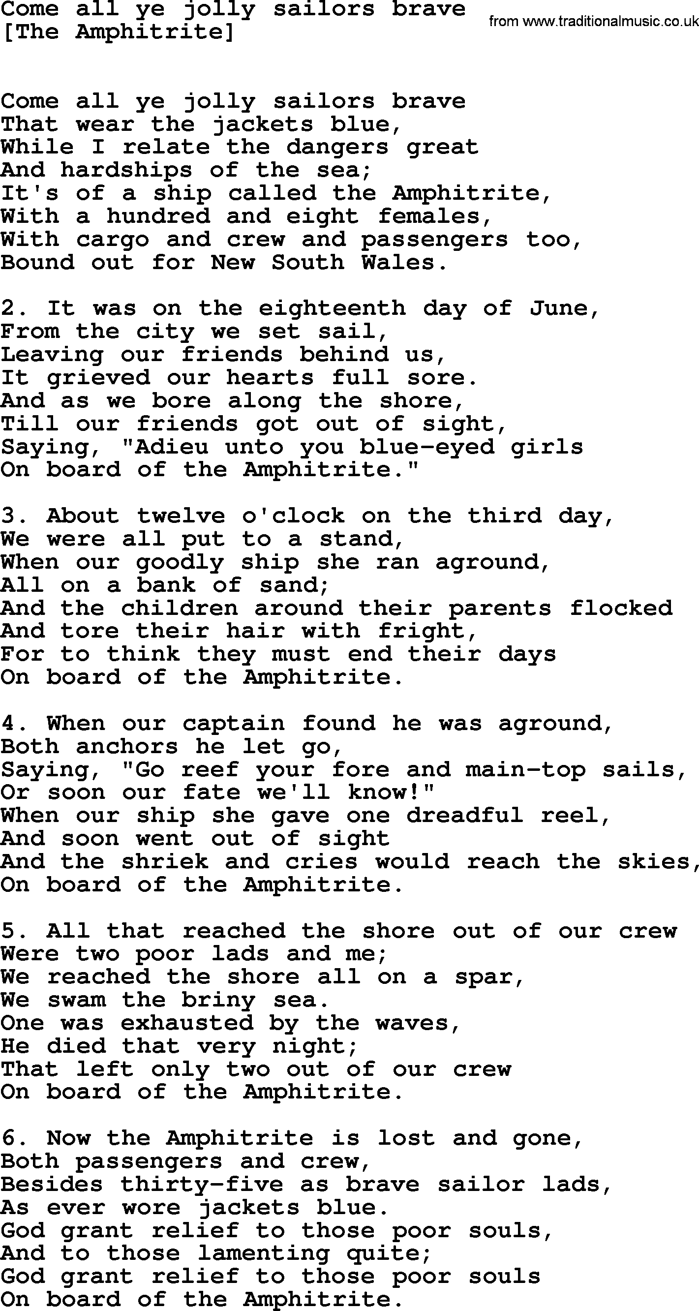 Old English Song: Come All Ye Jolly Sailors Brave lyrics