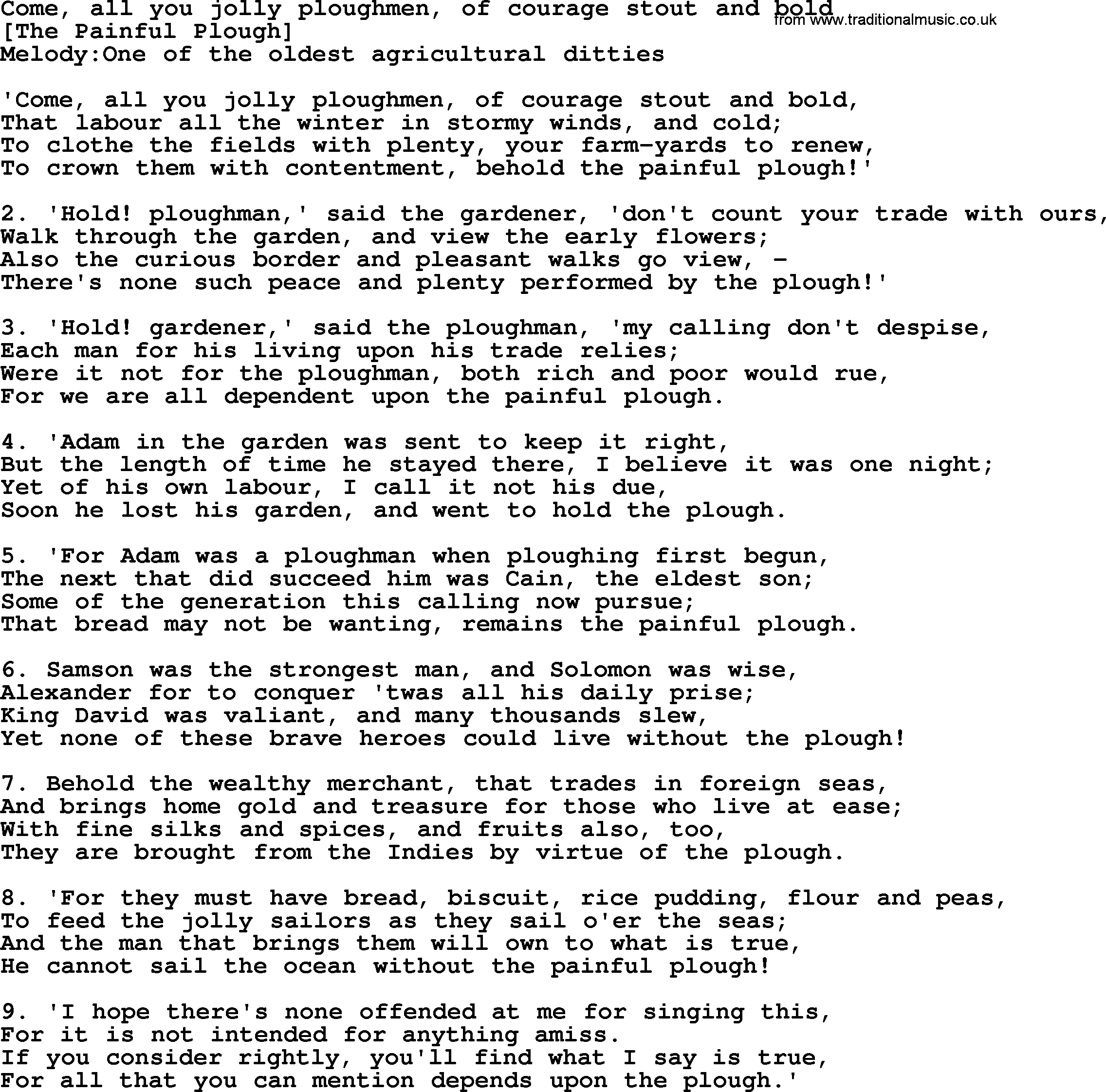 Old English Song Lyrics For Come All You Jolly Ploughmen Of