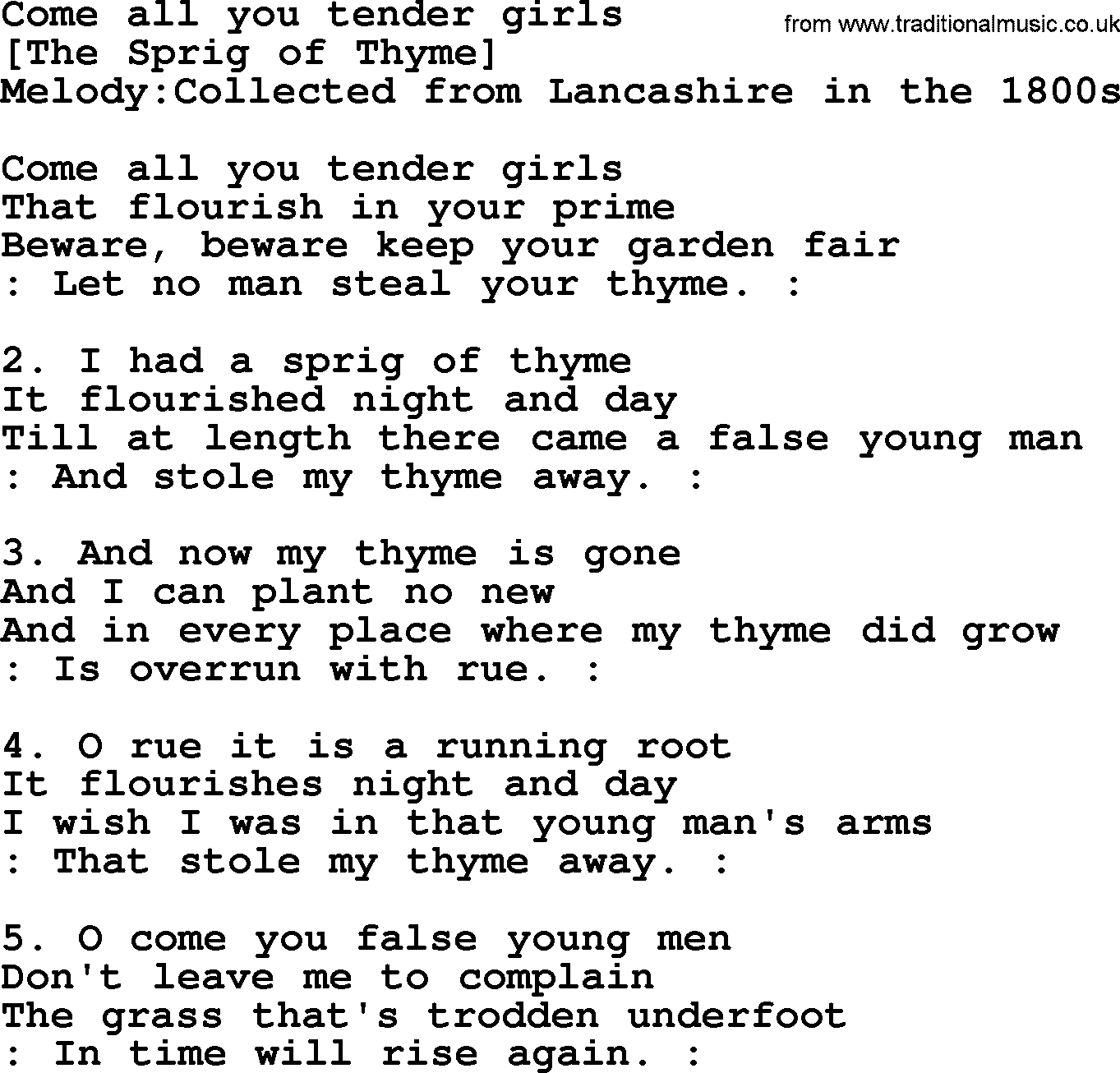 Old English Song: Come All You Tender Girls lyrics