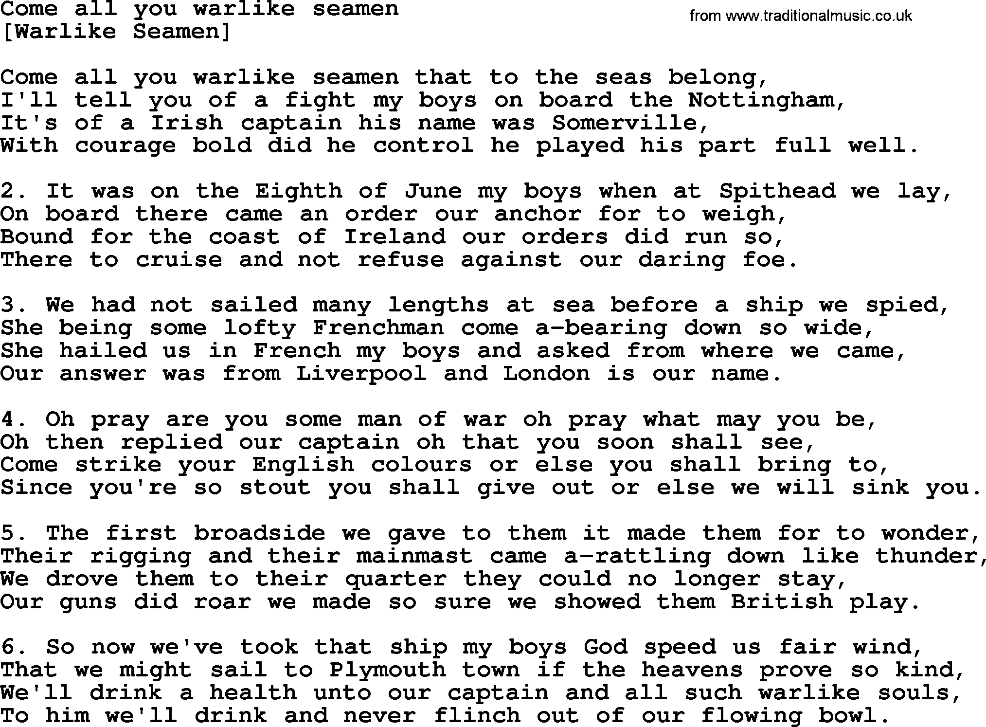 Old English Song: Come All You Warlike Seamen lyrics