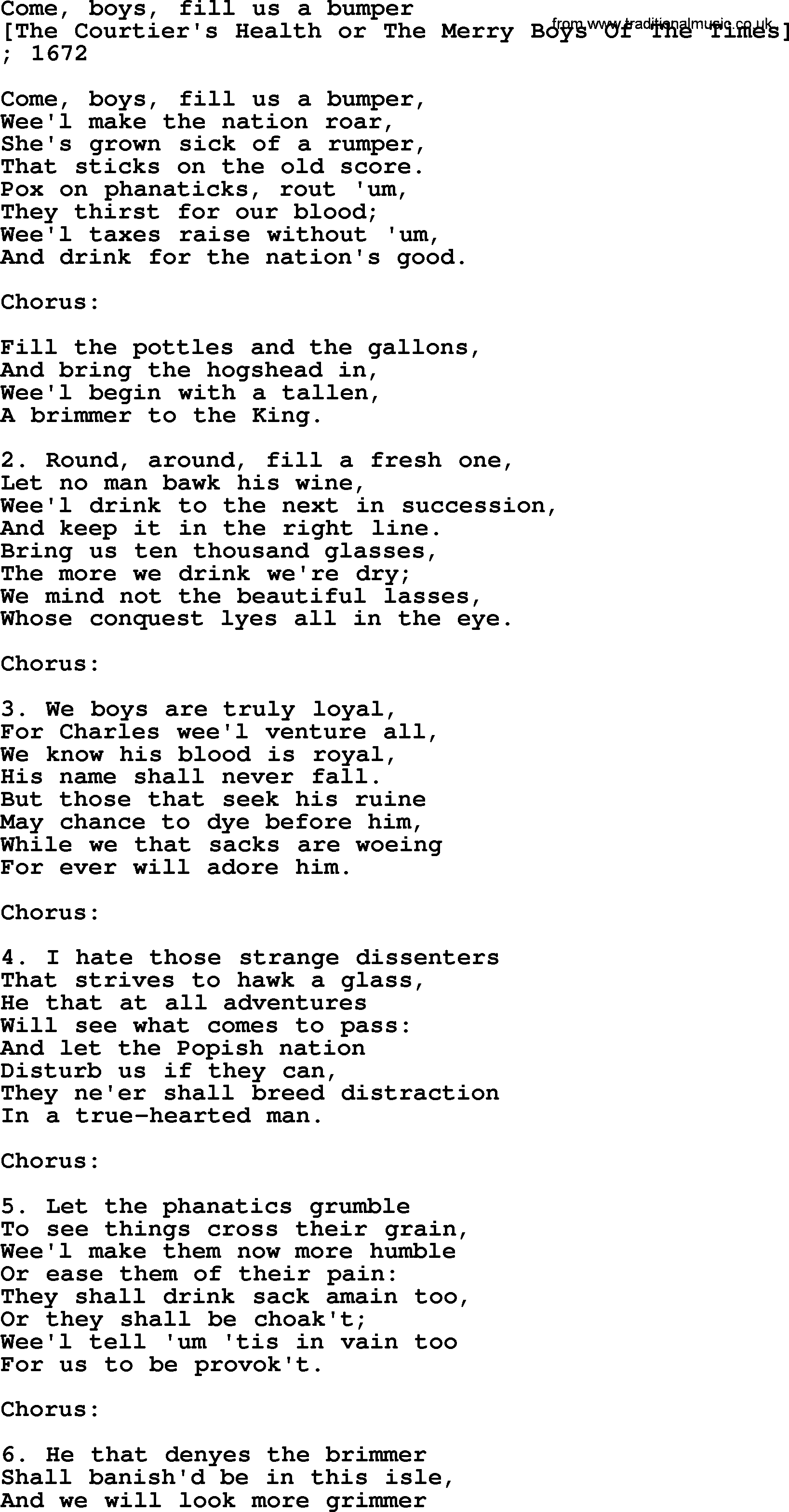 Old English Song: Come, Boys, Fill Us A Bumper lyrics