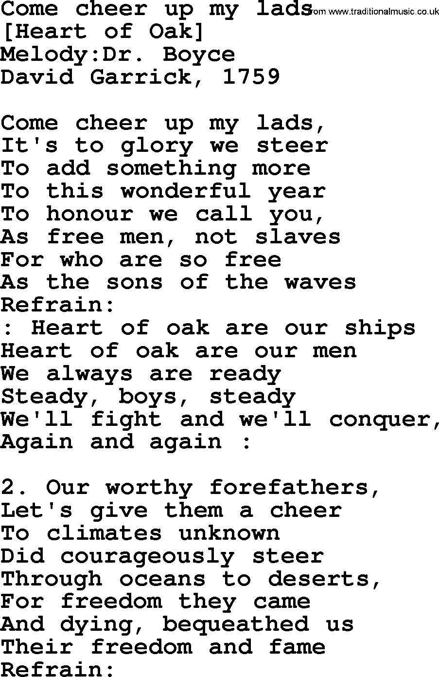 Old English Song: Come Cheer Up My Lads lyrics