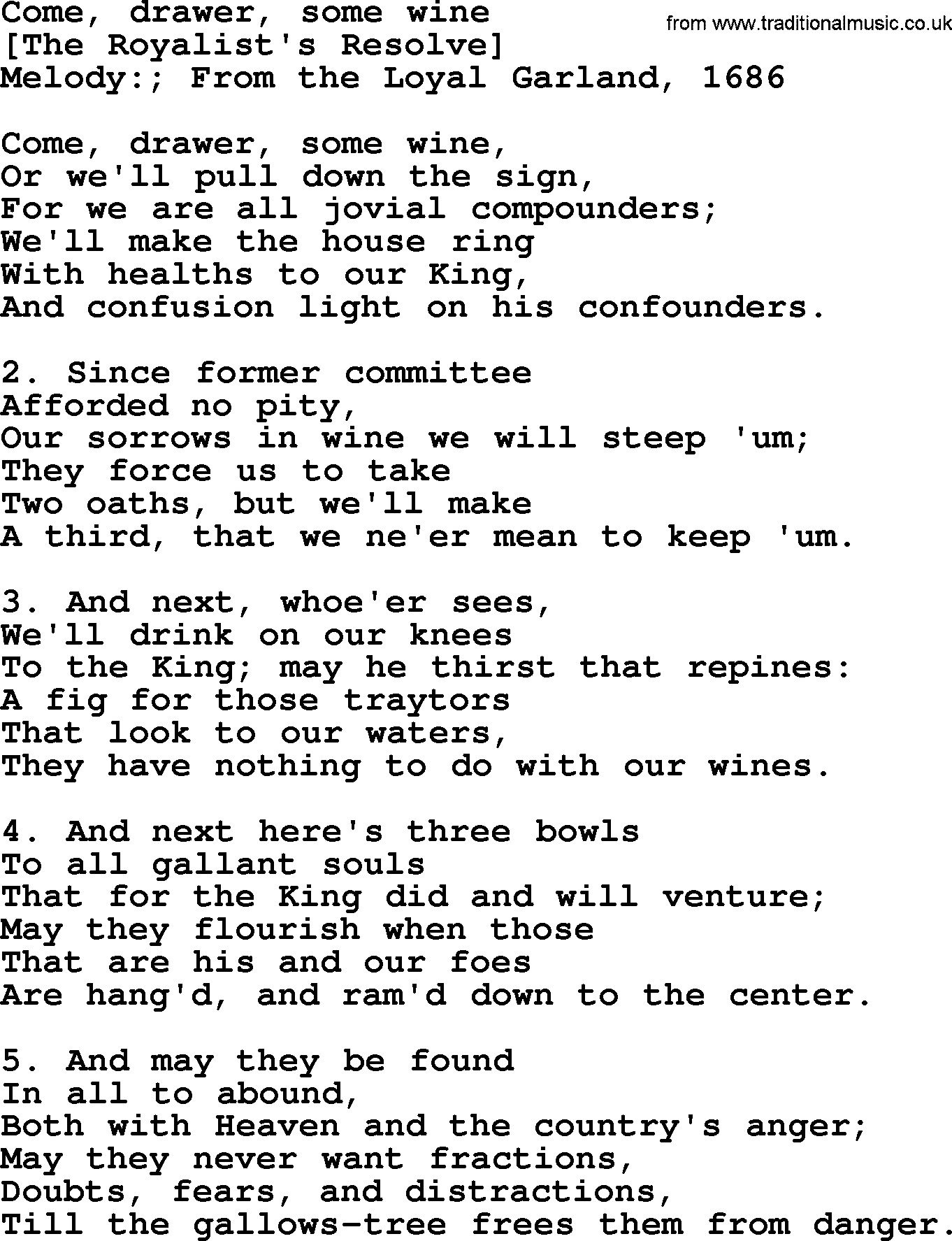 Old English Song: Come, Drawer, Some Wine lyrics