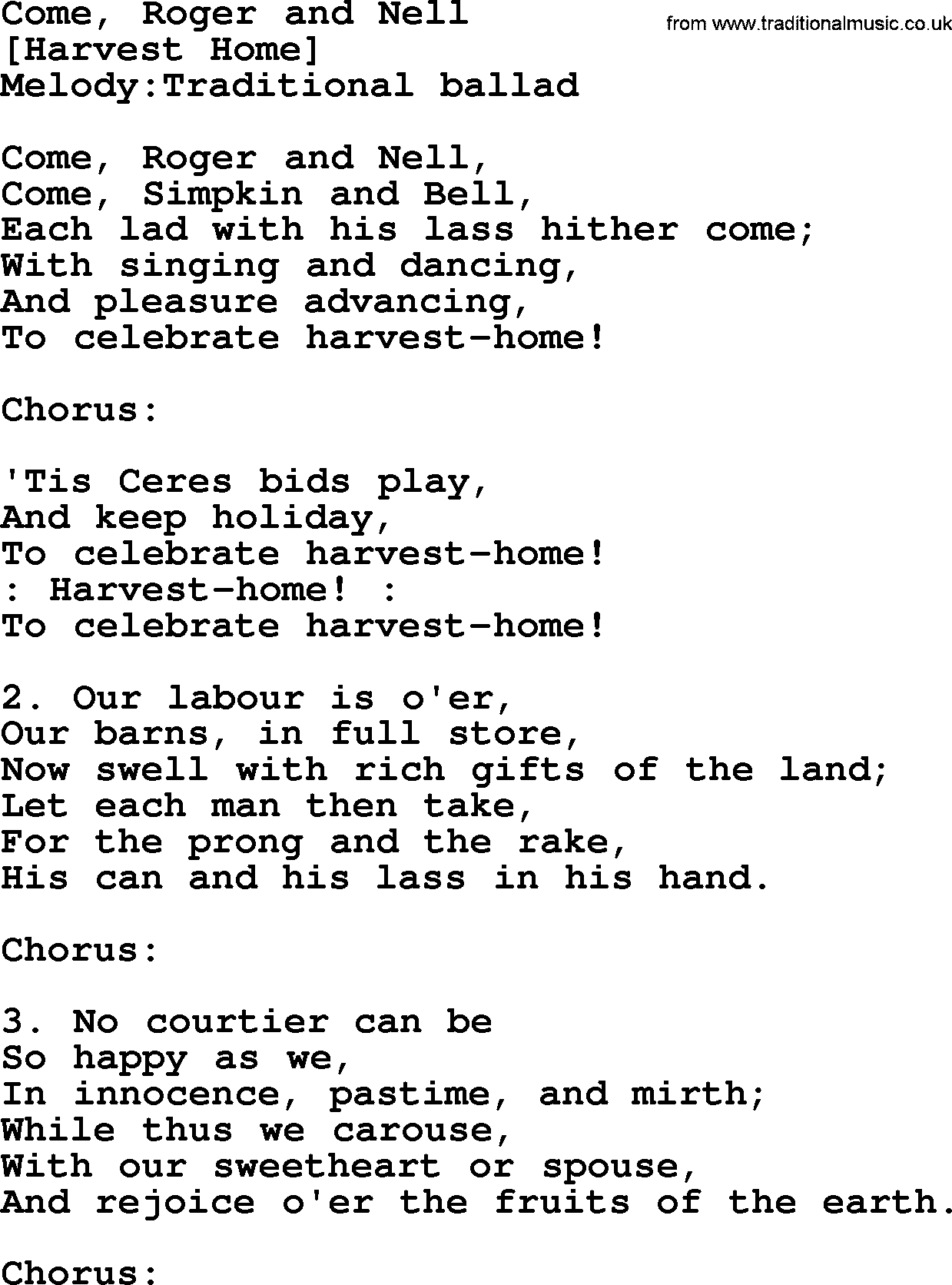 Old English Song: Come, Roger And Nell lyrics