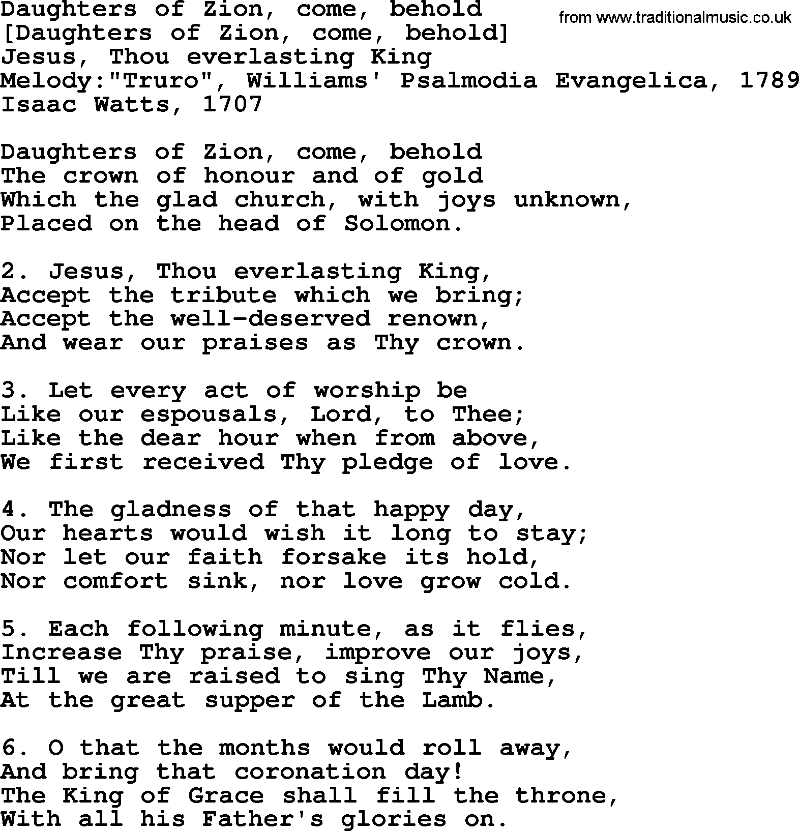 Old English Song: Daughters Of Zion, Come, Behold lyrics