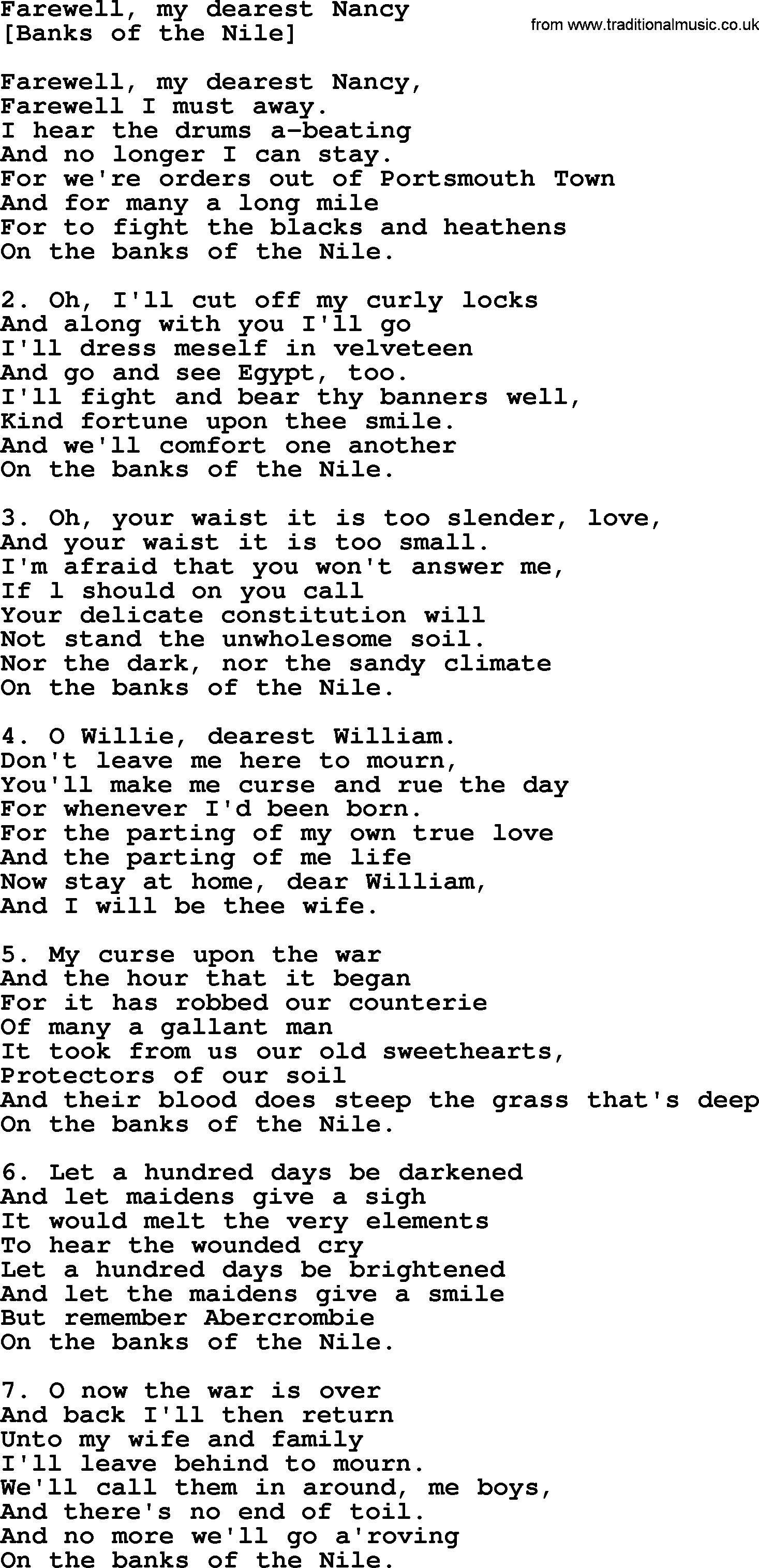 Old English Song: Farewell, My Dearest Nancy lyrics