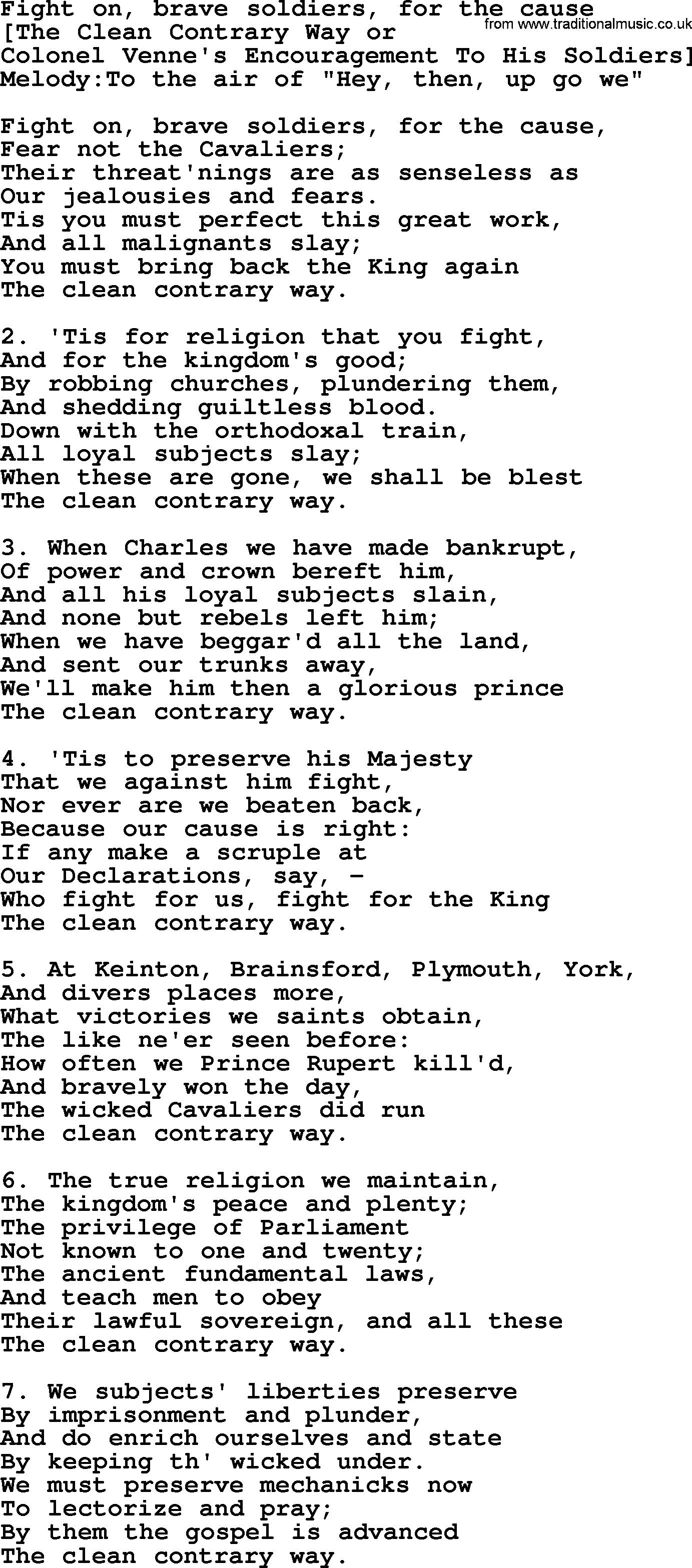Old English Song: Fight On, Brave Soldiers, For The Cause lyrics