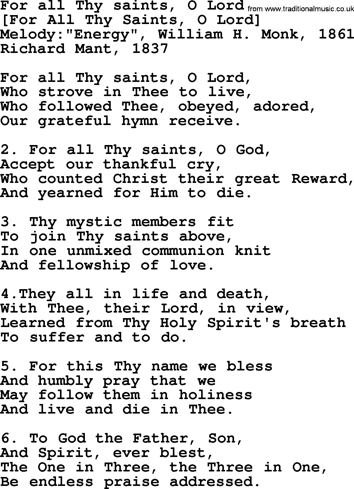Old English Song: For All Thy Saints, O Lord lyrics