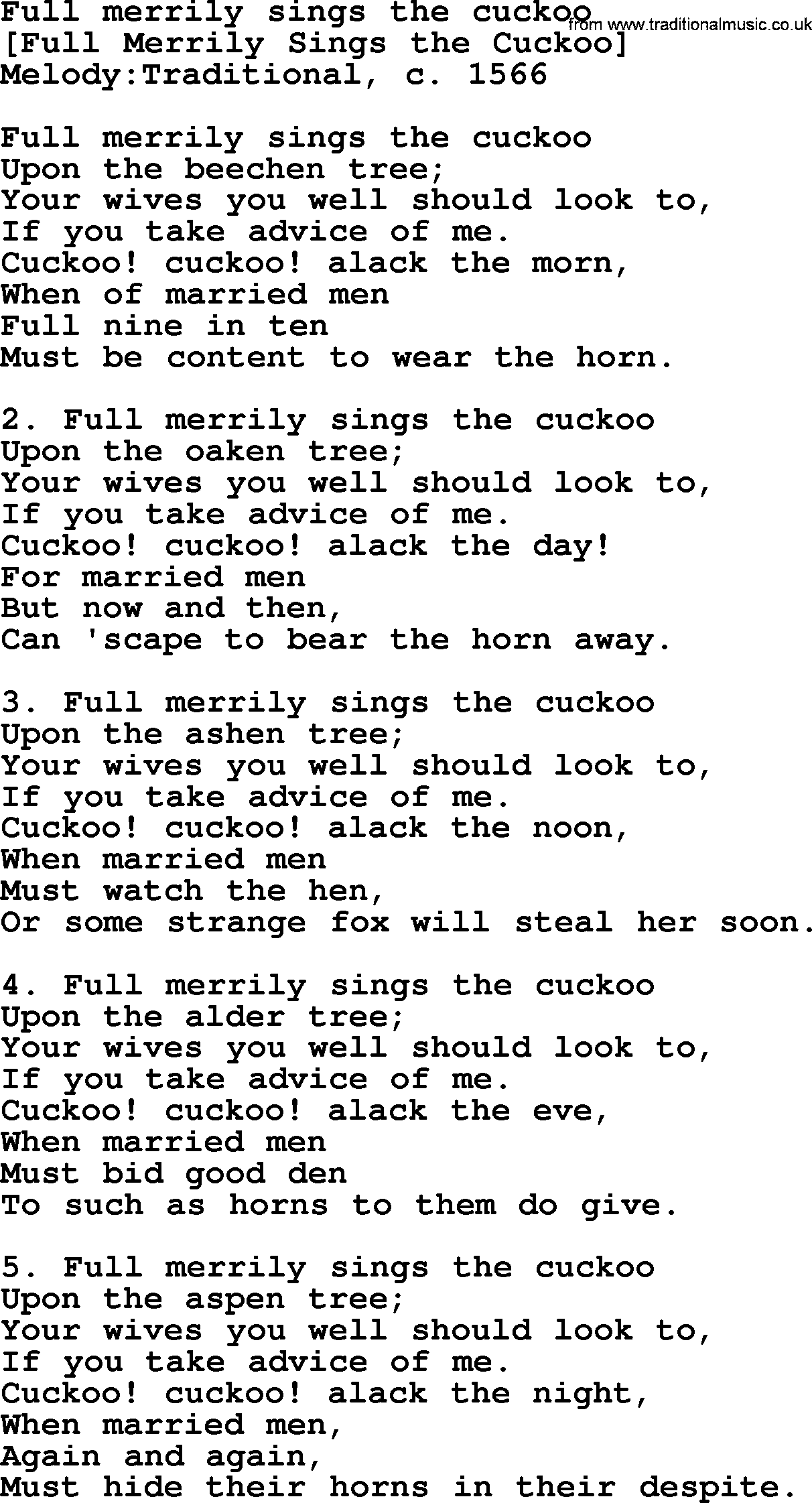 Old English Song: Full Merrily Sings The Cuckoo lyrics