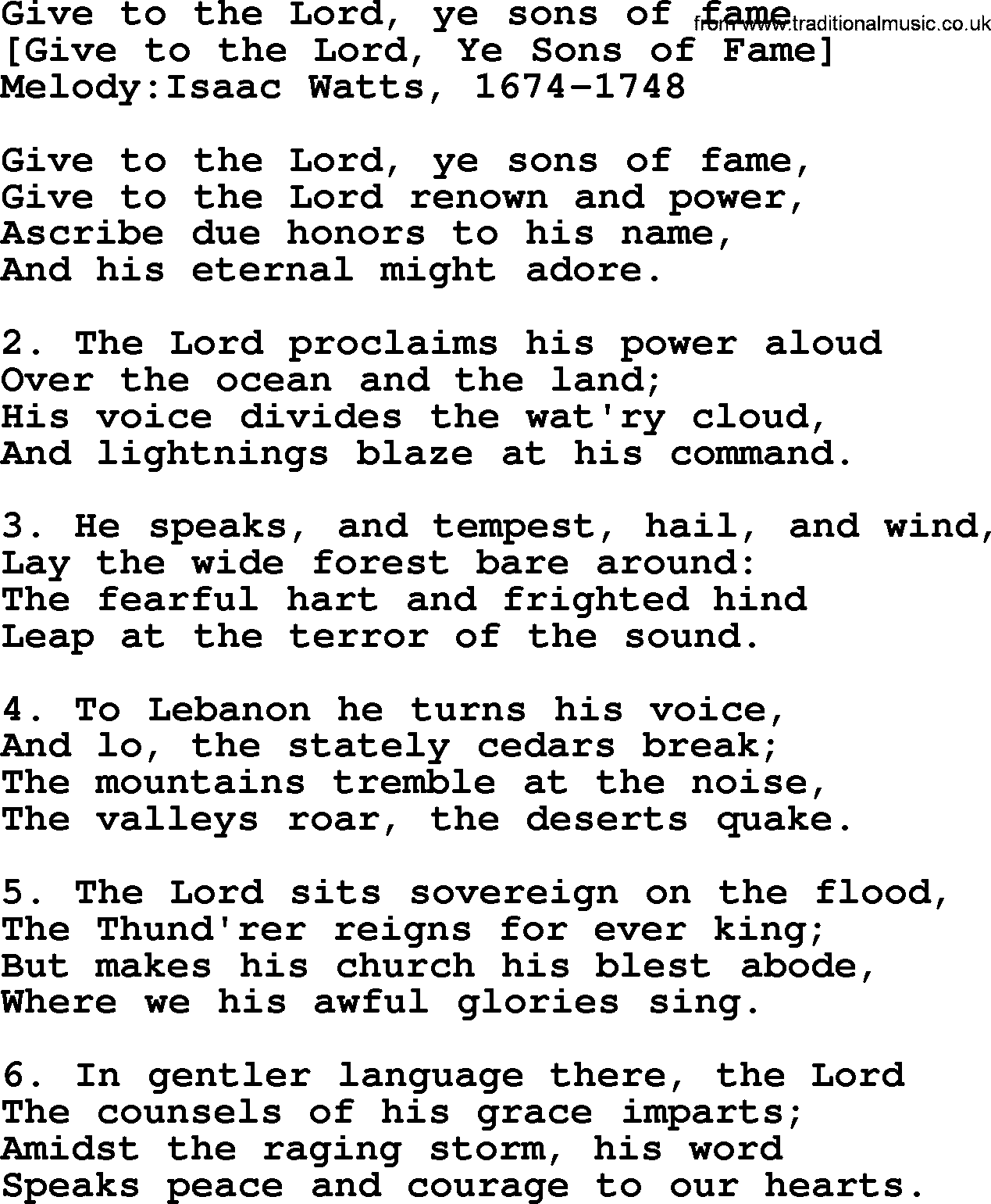 Old English Song: Give To The Lord, Ye Sons Of Fame lyrics