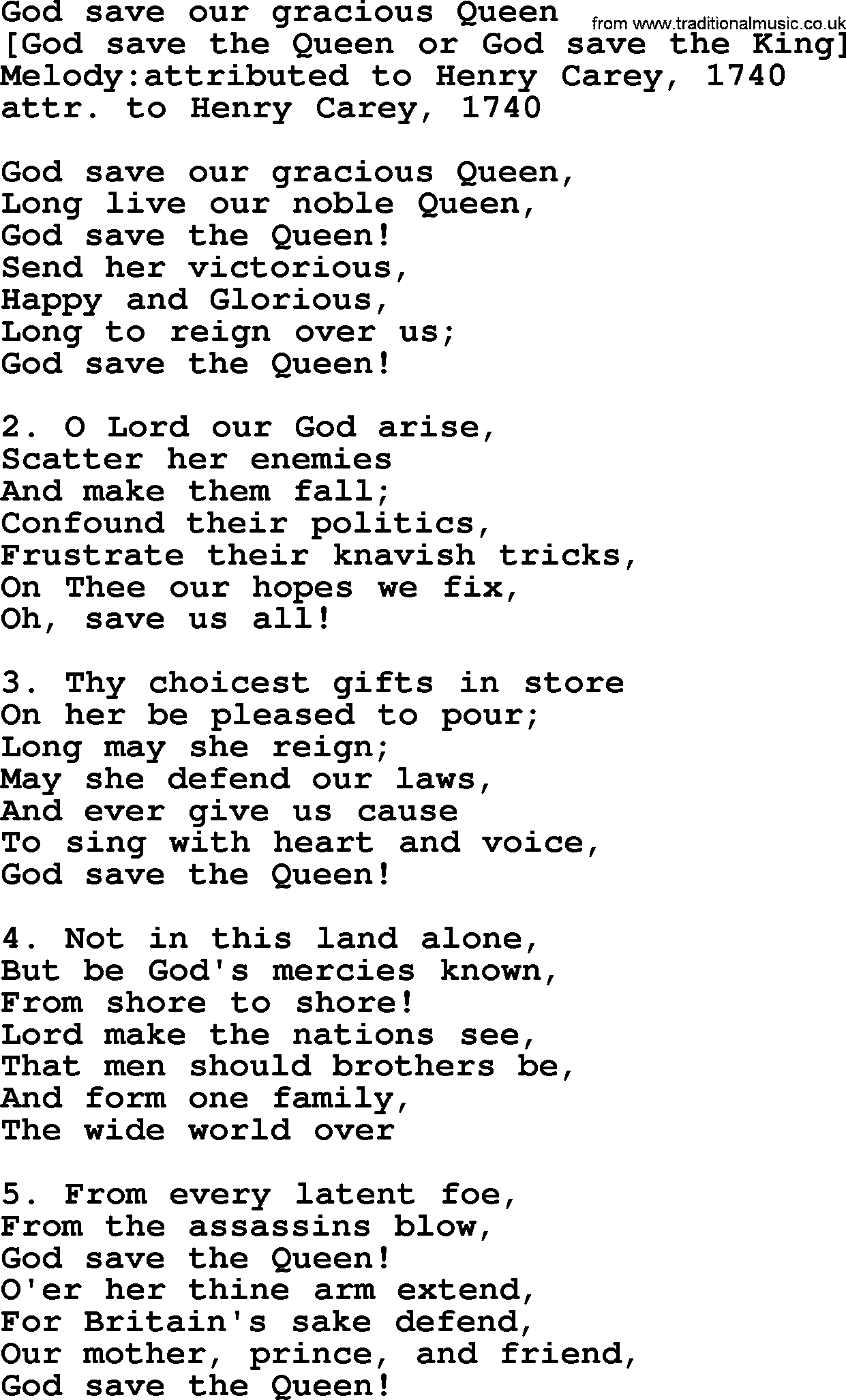Old English Song: God Save Our Gracious Queen lyrics