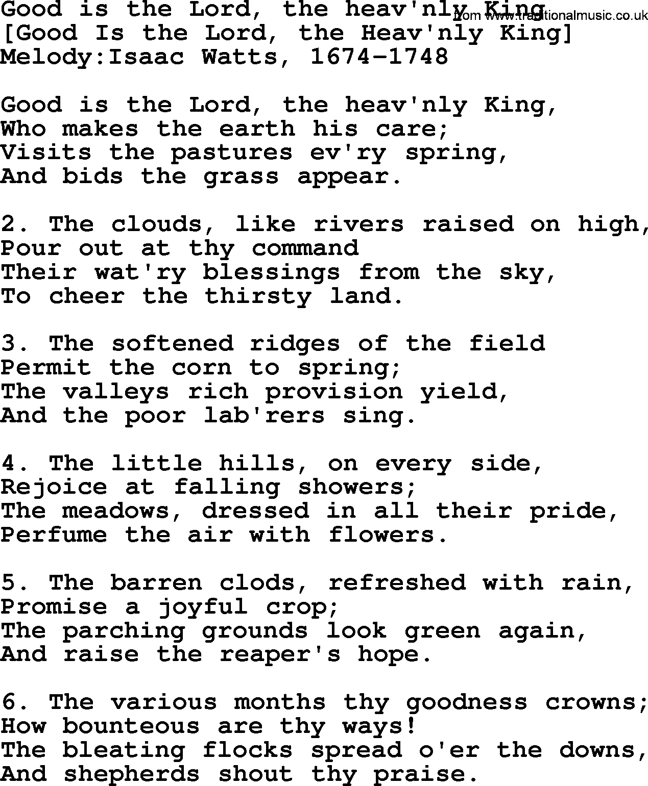Old English Song: Good Is The Lord, The Heav'nly King lyrics