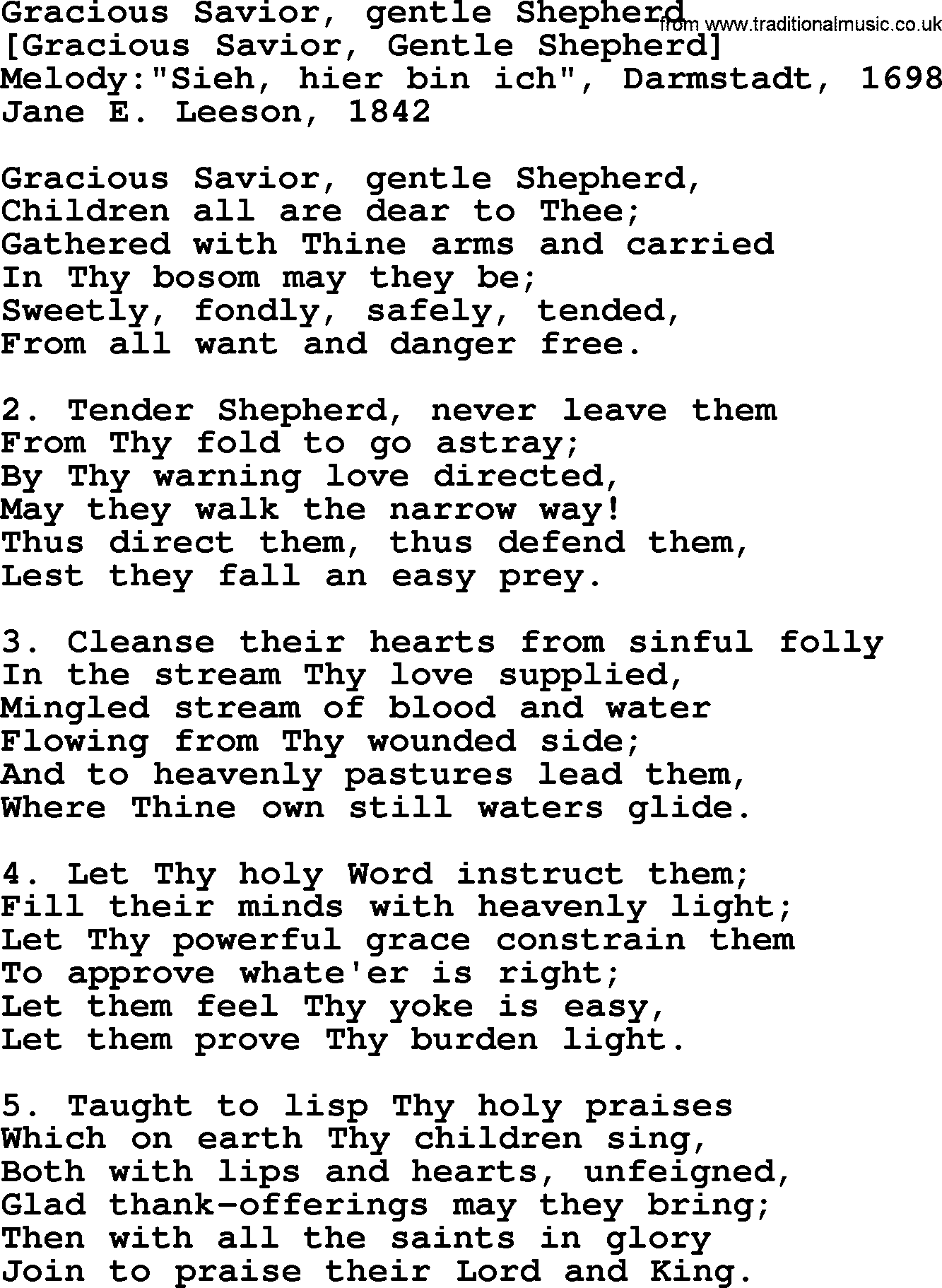 Old English Song: Gracious Savior, Gentle Shepherd lyrics