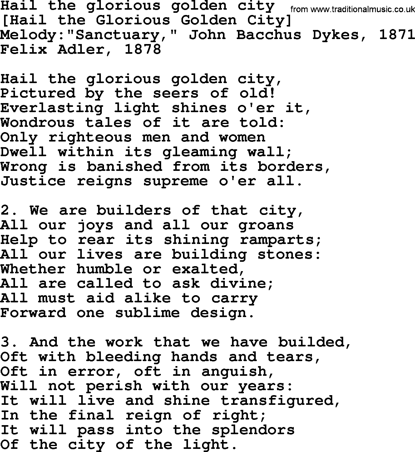 Old English Song: Hail The Glorious Golden City lyrics