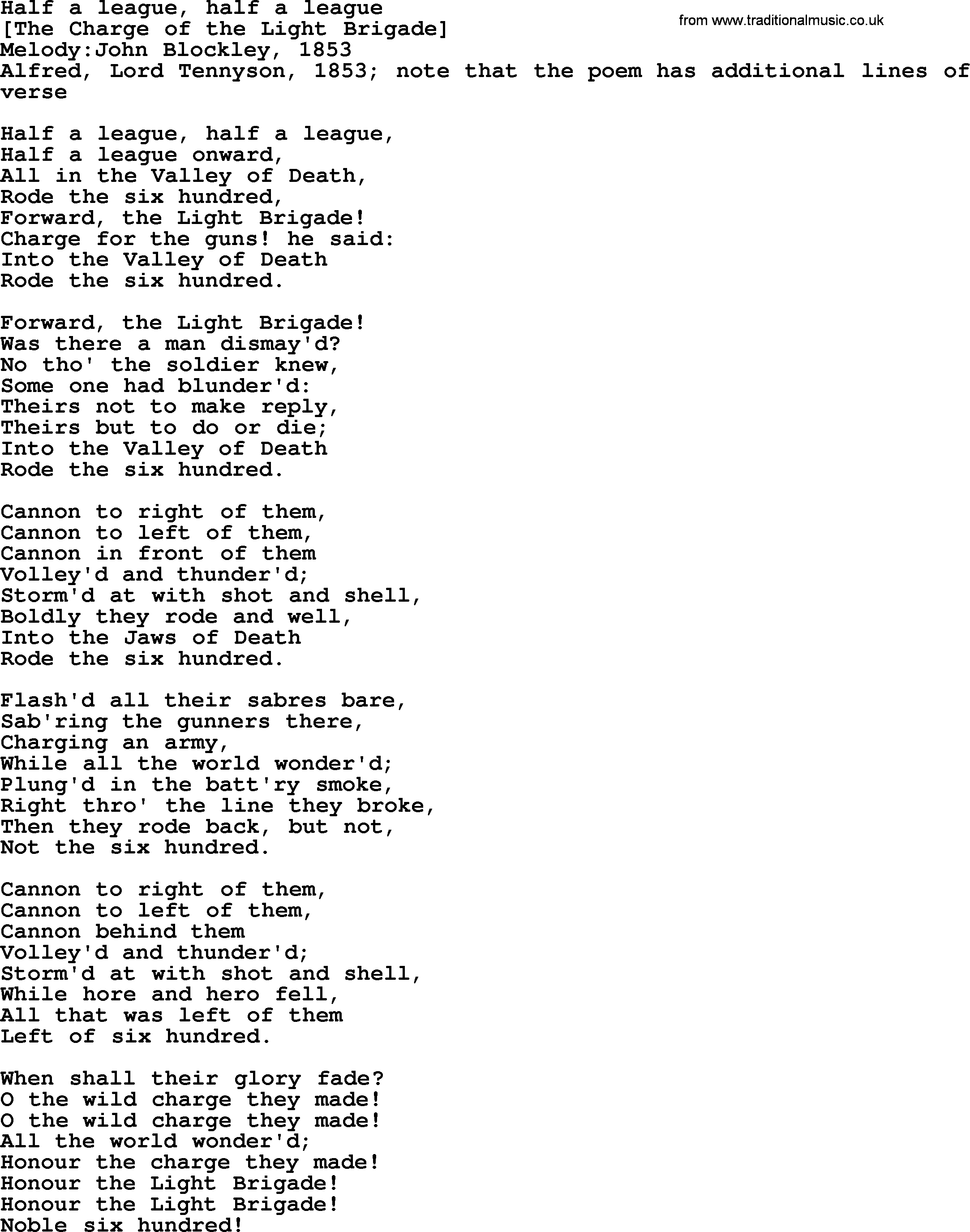 Old English Song: Half A League, Half A League lyrics