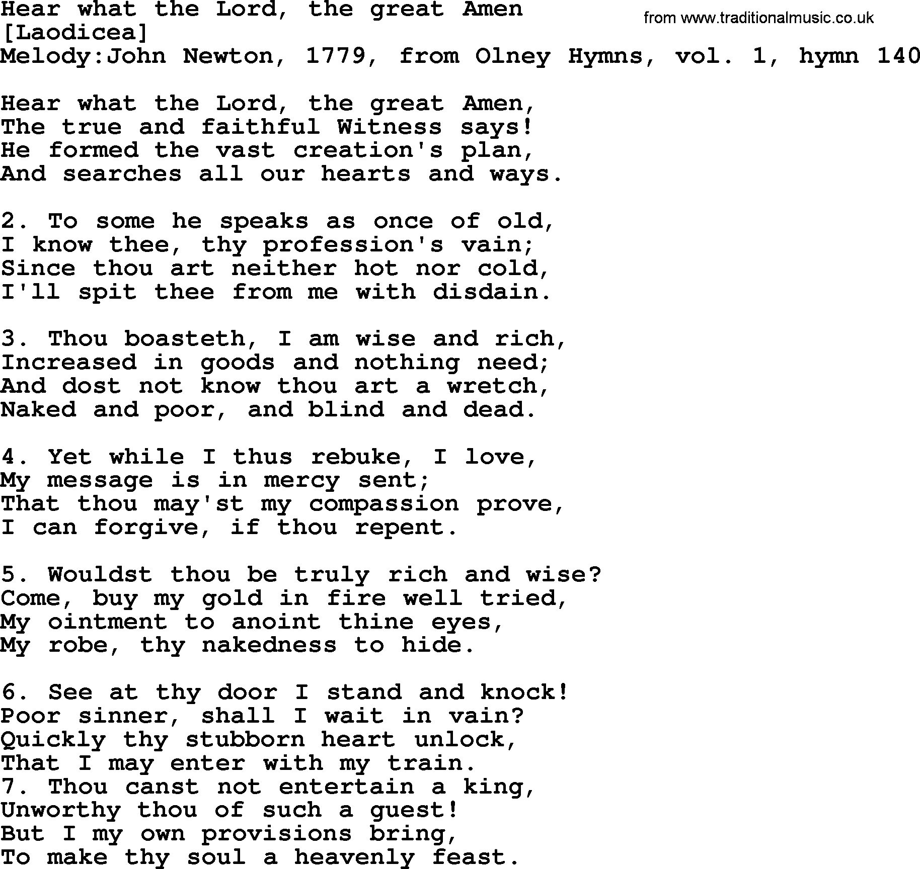 Old English Song: Hear What The Lord, The Great Amen lyrics