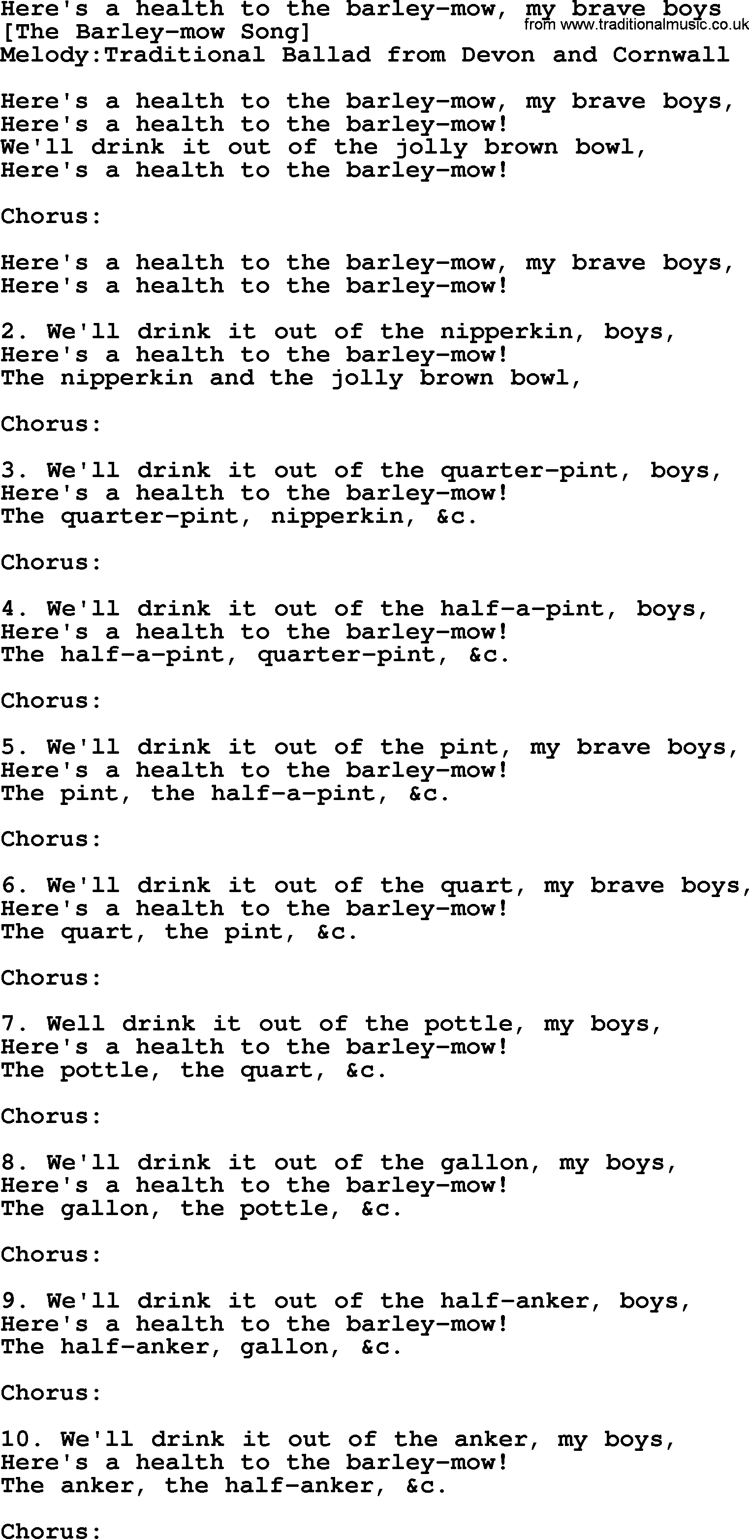 Old English Song: Here's A Health To The Barley-Mow, My Brave Boys lyrics