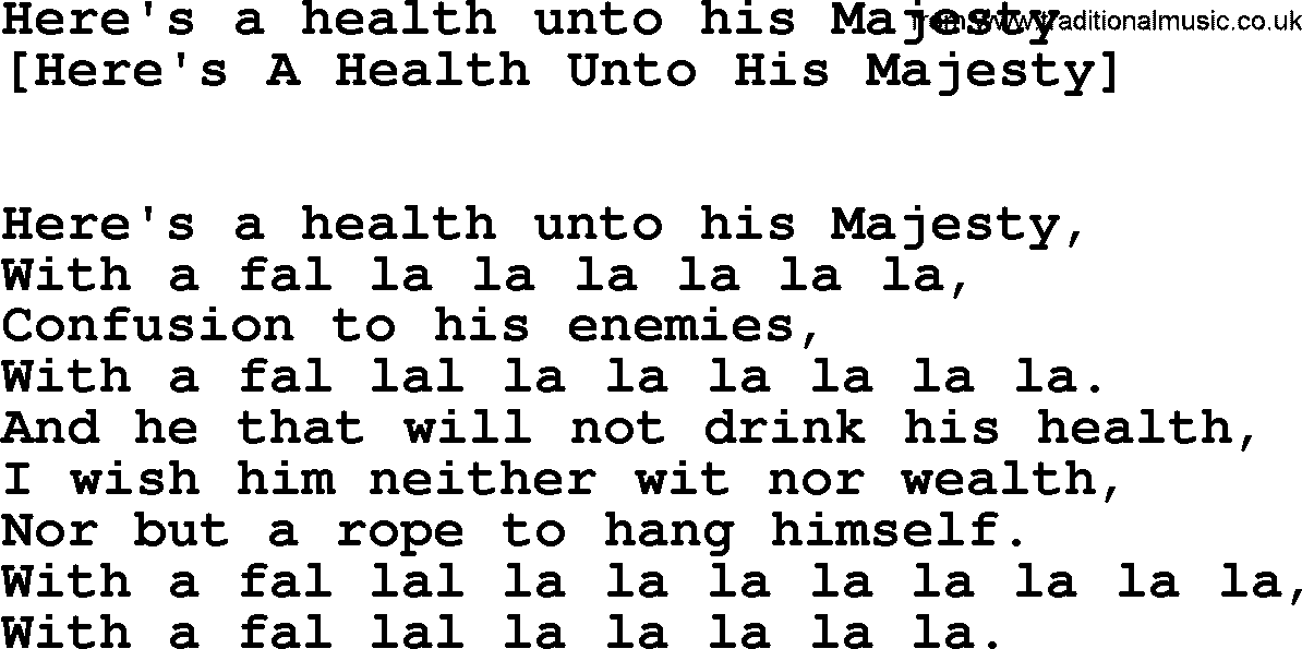Old English Song: Here's A Health Unto His Majesty lyrics