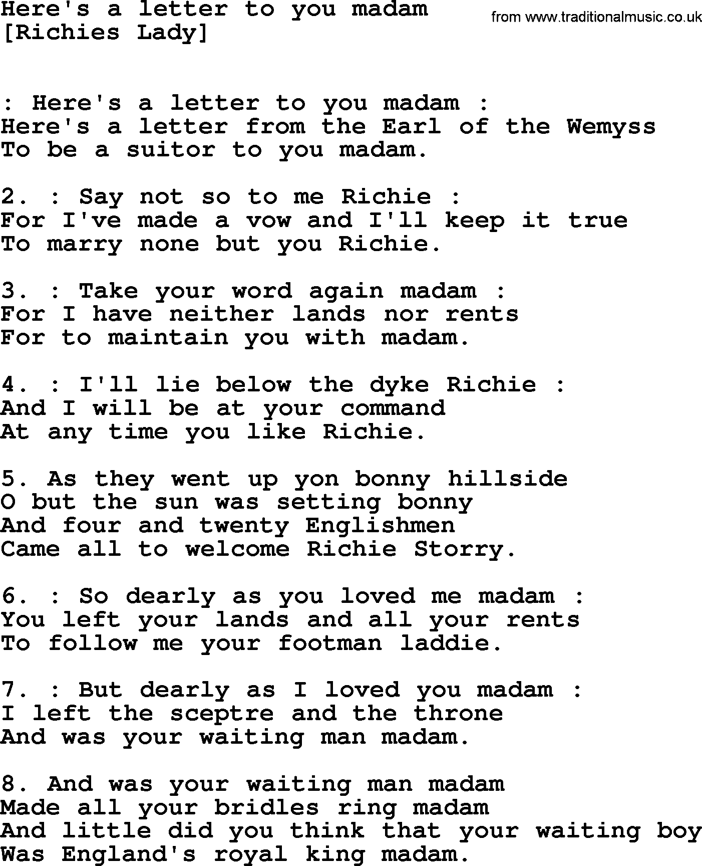 Old English Song: Here's A Letter To You Madam lyrics