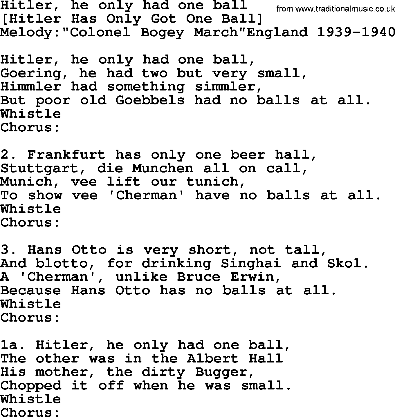 Old English Song: Hitler, He Only Had One Ball lyrics
