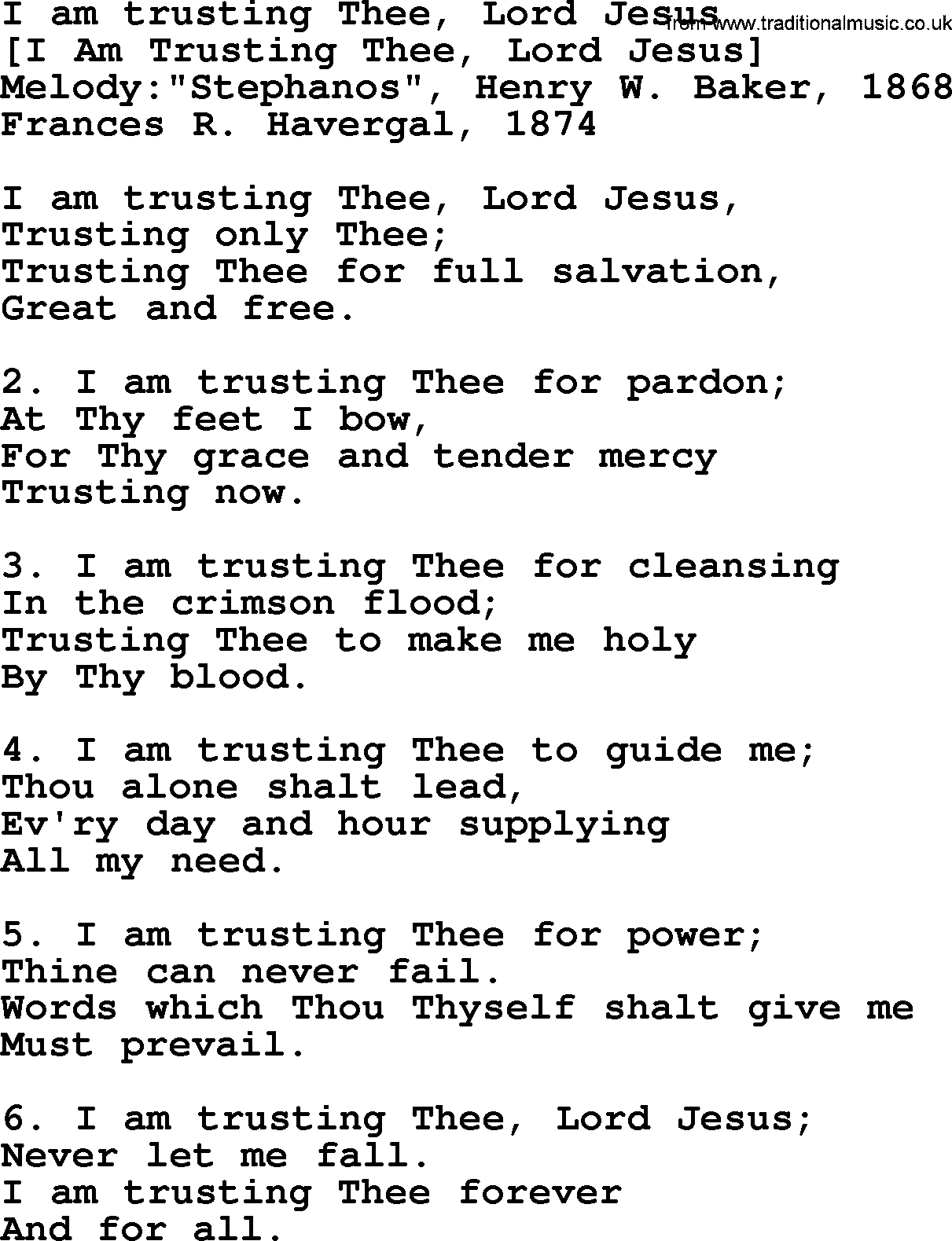 Old English Song: I Am Trusting Thee, Lord Jesus lyrics