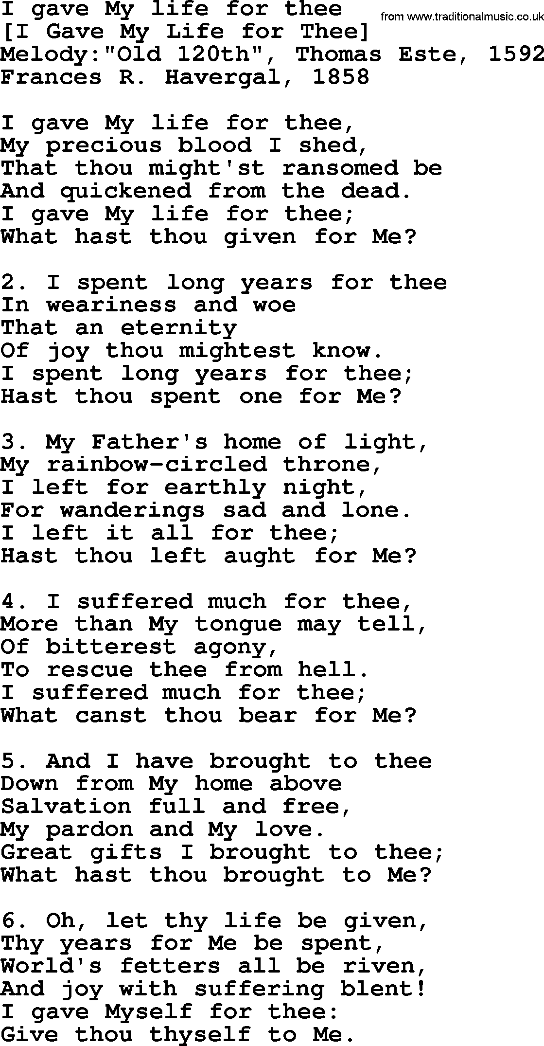 Old English Song: I Gave My Life For Thee lyrics