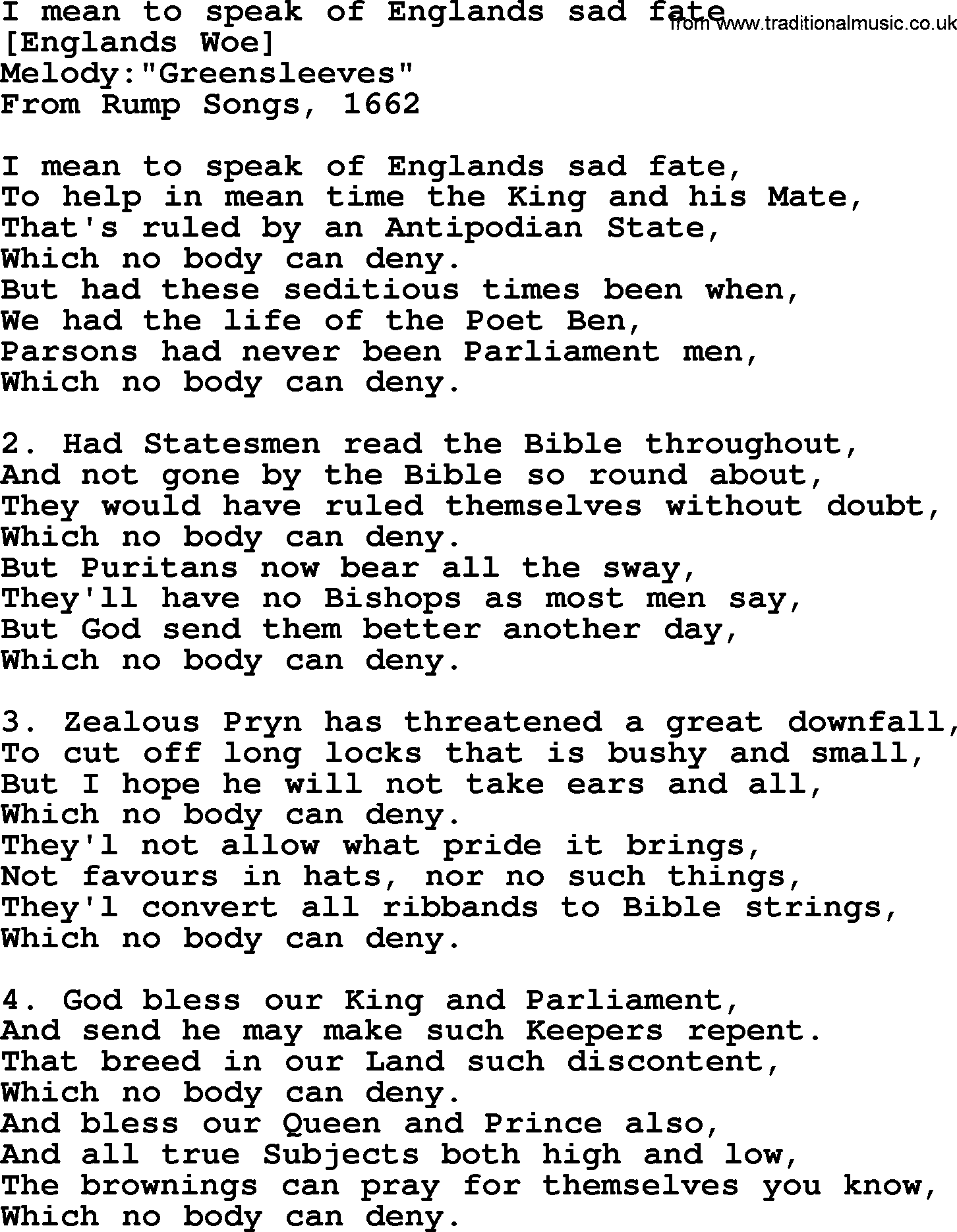 Old English Song: I Mean To Speak Of Englands Sad Fate lyrics