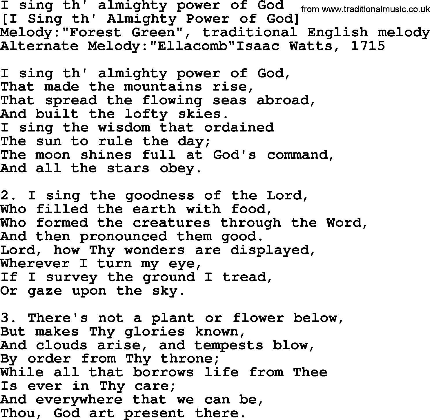 Old English Song: I Sing Th' Almighty Power Of God lyrics