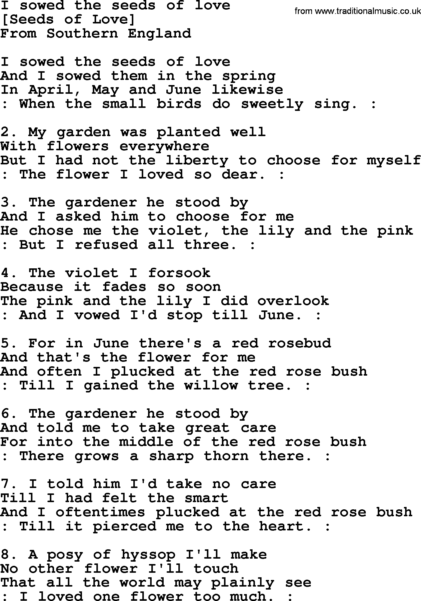 Old English Song: I Sowed The Seeds Of Love lyrics